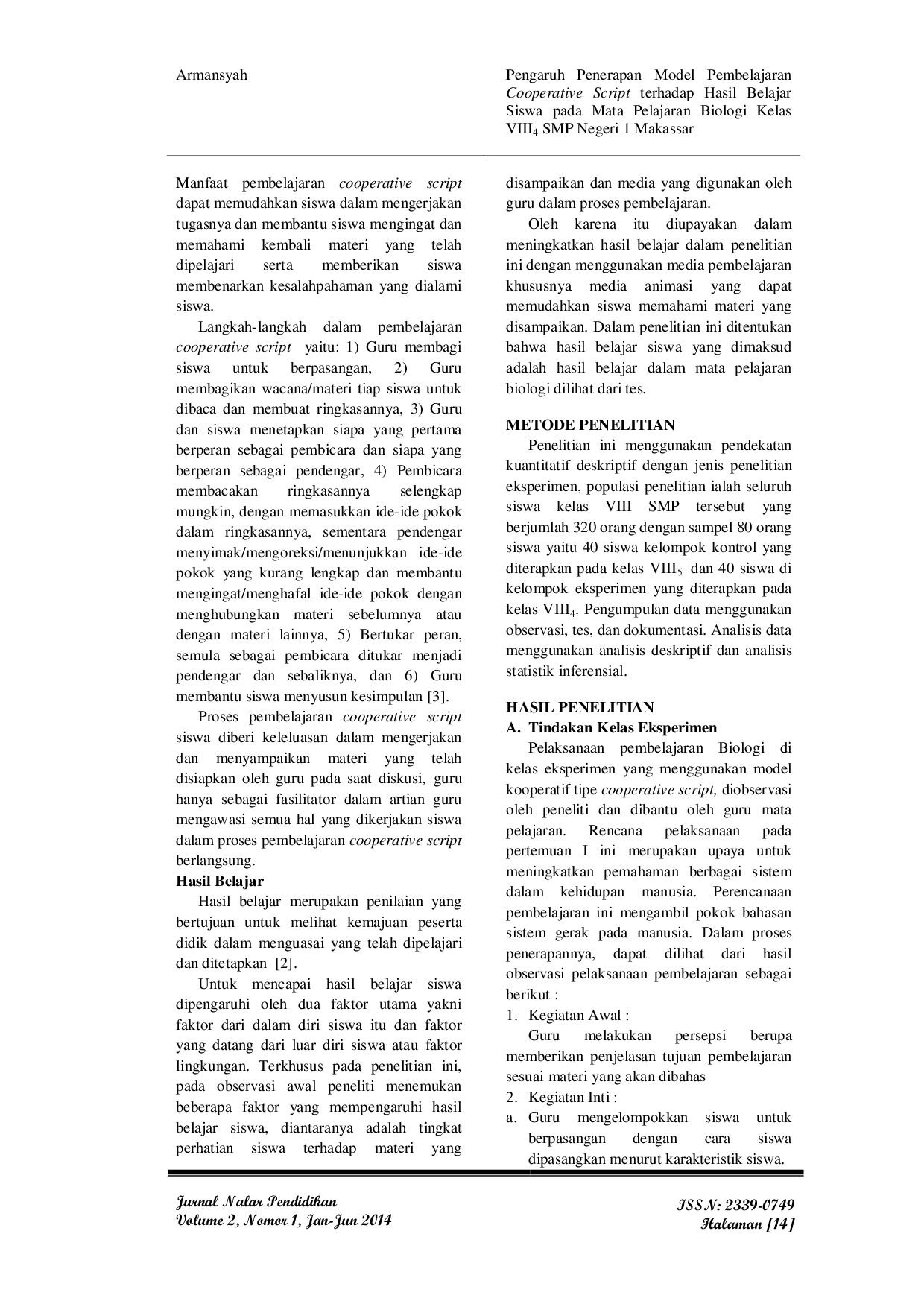 JURIS Pengaruh Penerapan Model Pembelajaran Cooperative Script Terhadap Hasil Belajar Siswa Pada Mata Pelajaran Biologi Kelas VIII