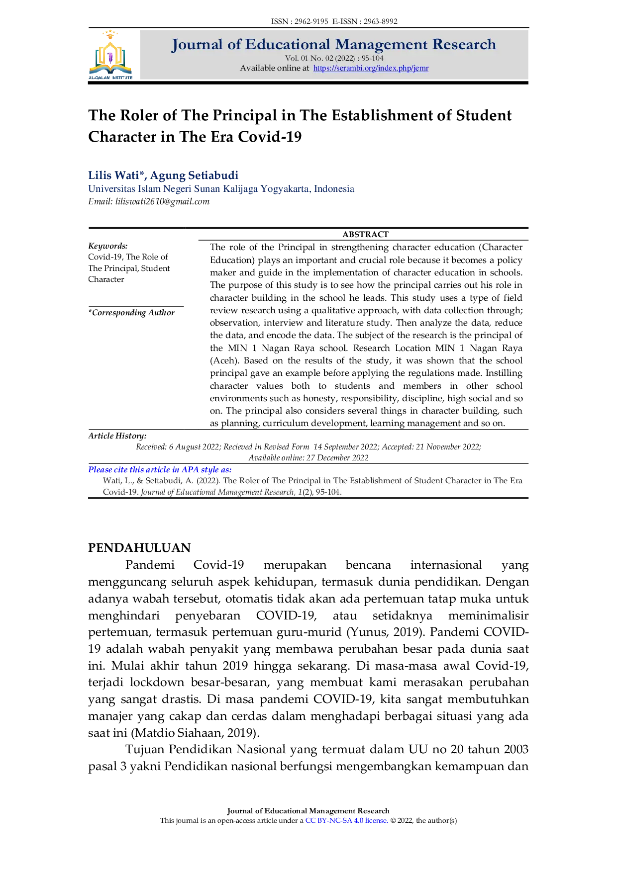 JURIS The Roler of The Principal in The Establishment of Student Character in The Era Covid 19