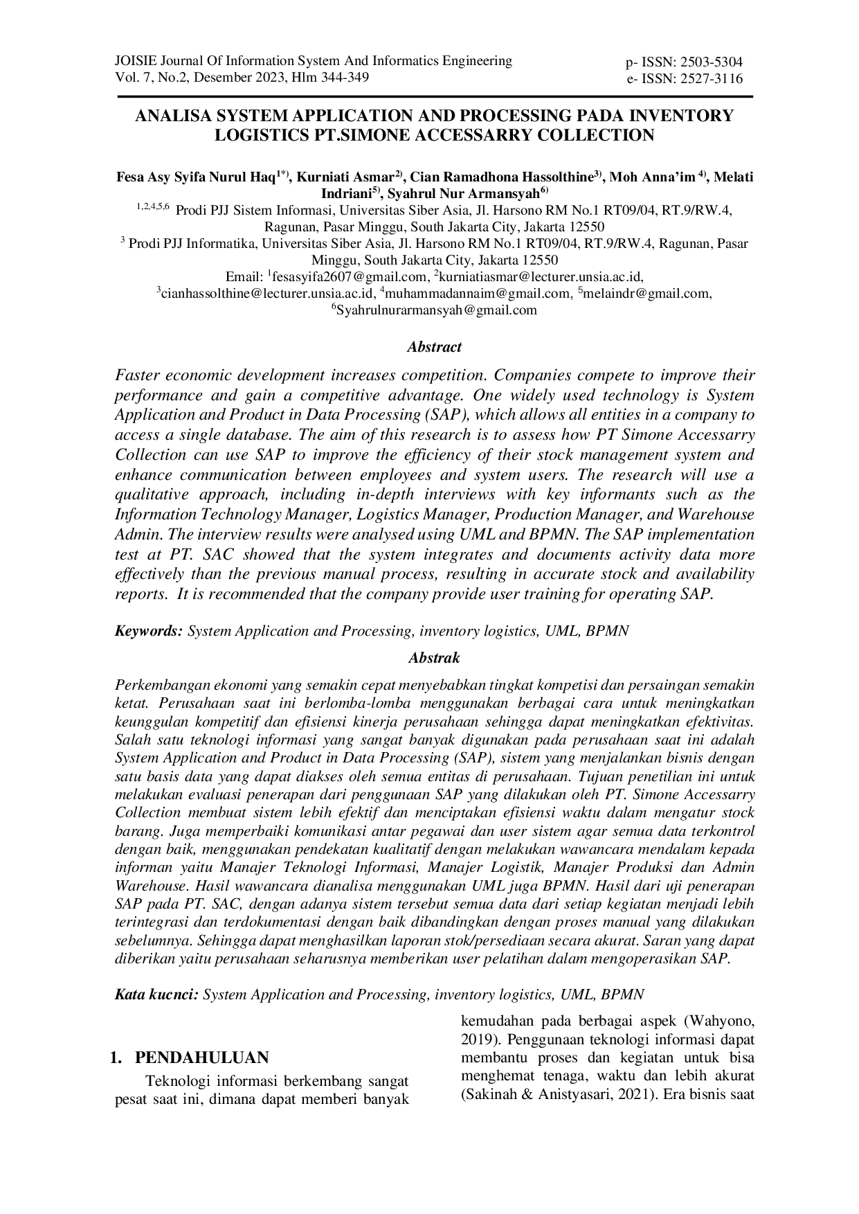 JURIS Analisa System Application And Processing Pada Inventory Logistics PT Simone Accessarry Collection