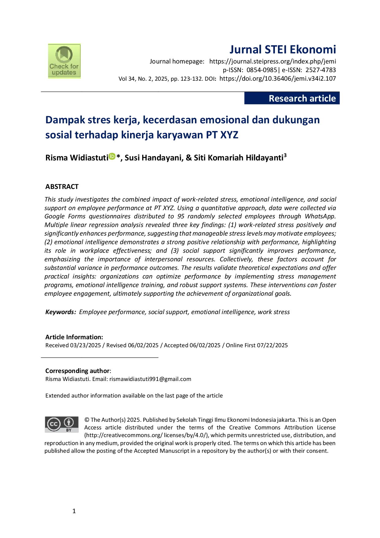 JURIS Dampak stres kerja kecerdasan emosional dan dukungan sosial terhadap kinerja karyawan PT XYZ