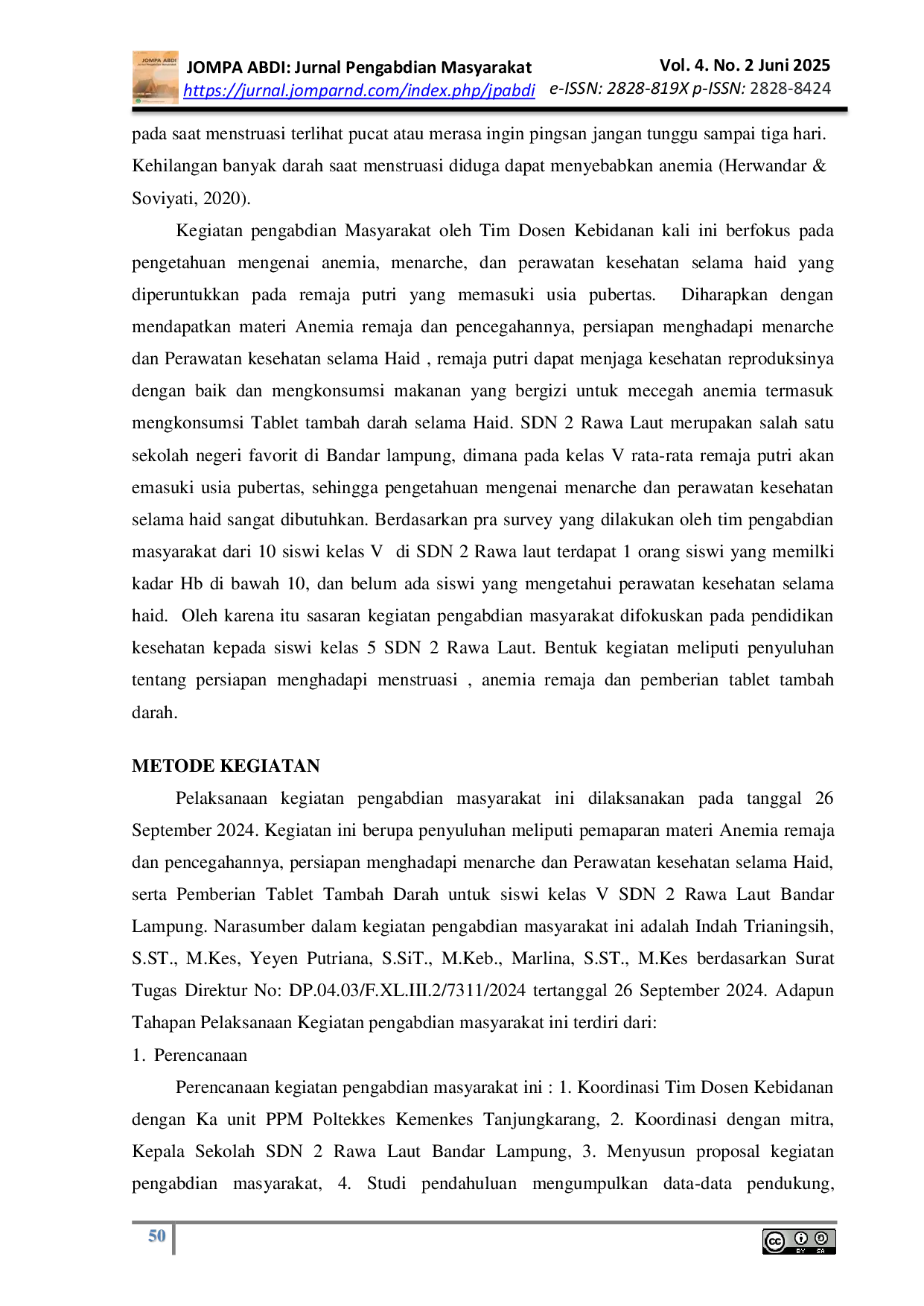 JURIS Penyuluhan Anemia dan Kesehatan Reproduksi Remaja Di SDN 2 Rawa Laut Bandar Lampung