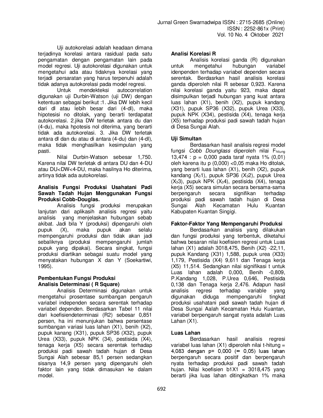 juris Analisis Faktor Faktor Yang Mempengaruhi Produksi Padi Sawah Tadah Hujan Pada Kelompok Tani Di Desa Sungai Alah Kecamatan Hulu Kuantan