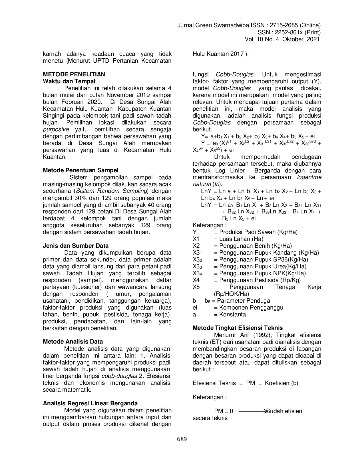 juris Analisis Faktor Faktor Yang Mempengaruhi Produksi Padi Sawah Tadah Hujan Pada Kelompok Tani Di Desa Sungai Alah Kecamatan Hulu Kuantan