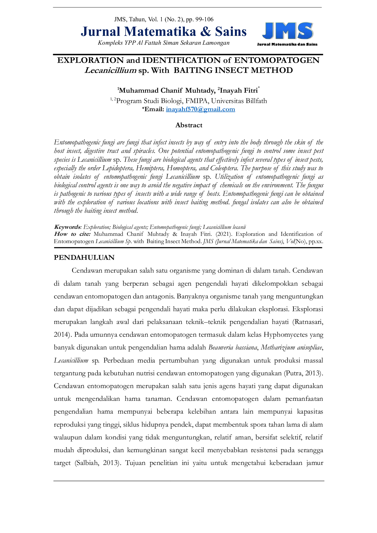 JURIS EXPLORATION AND IDENTIFICATION OF ENTOMOPATOGEN Lecanicillium sp WITH BAITING INSECT METHOD