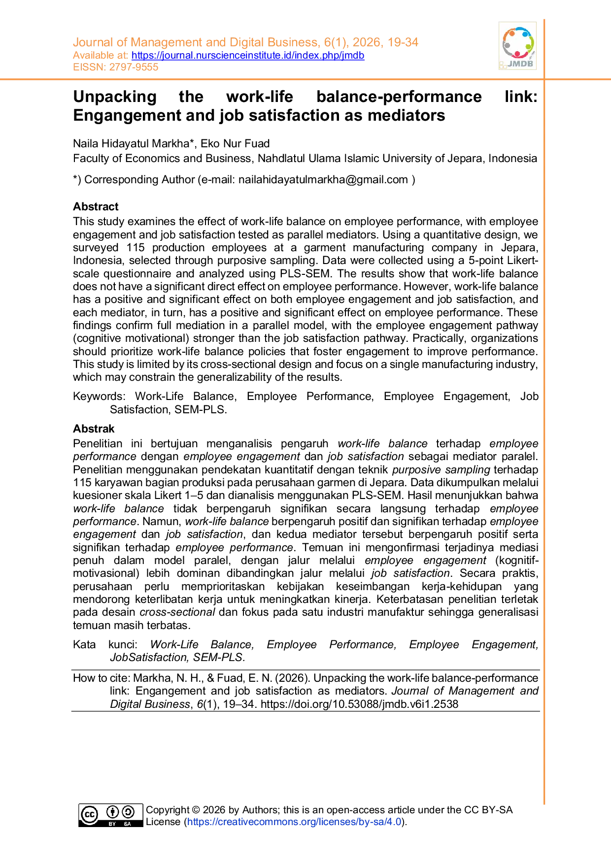 JURIS Unpacking the work life balance performance link Engangement and job satisfaction as mediators