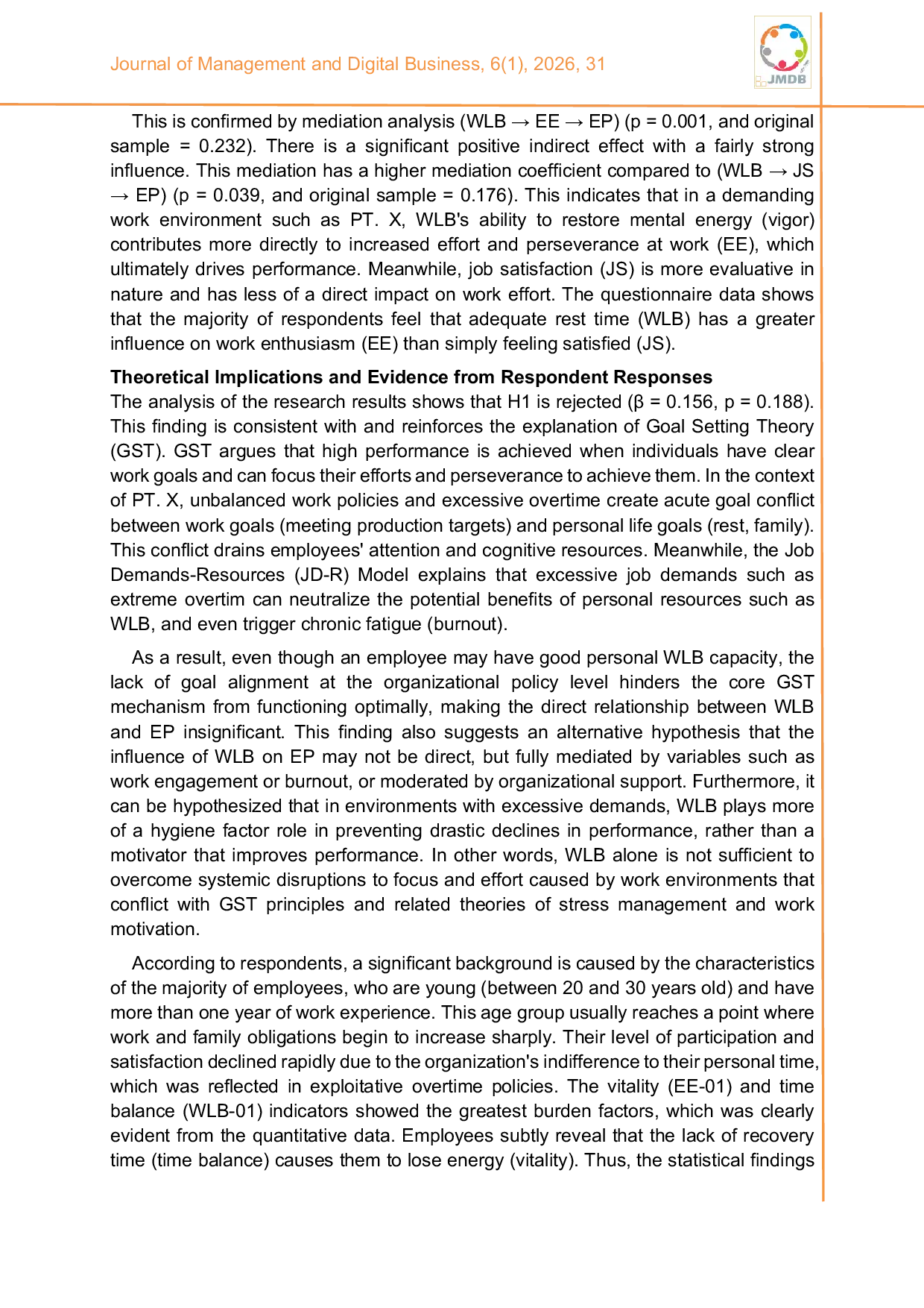 JURIS Unpacking the work life balance performance link Engangement and job satisfaction as mediators