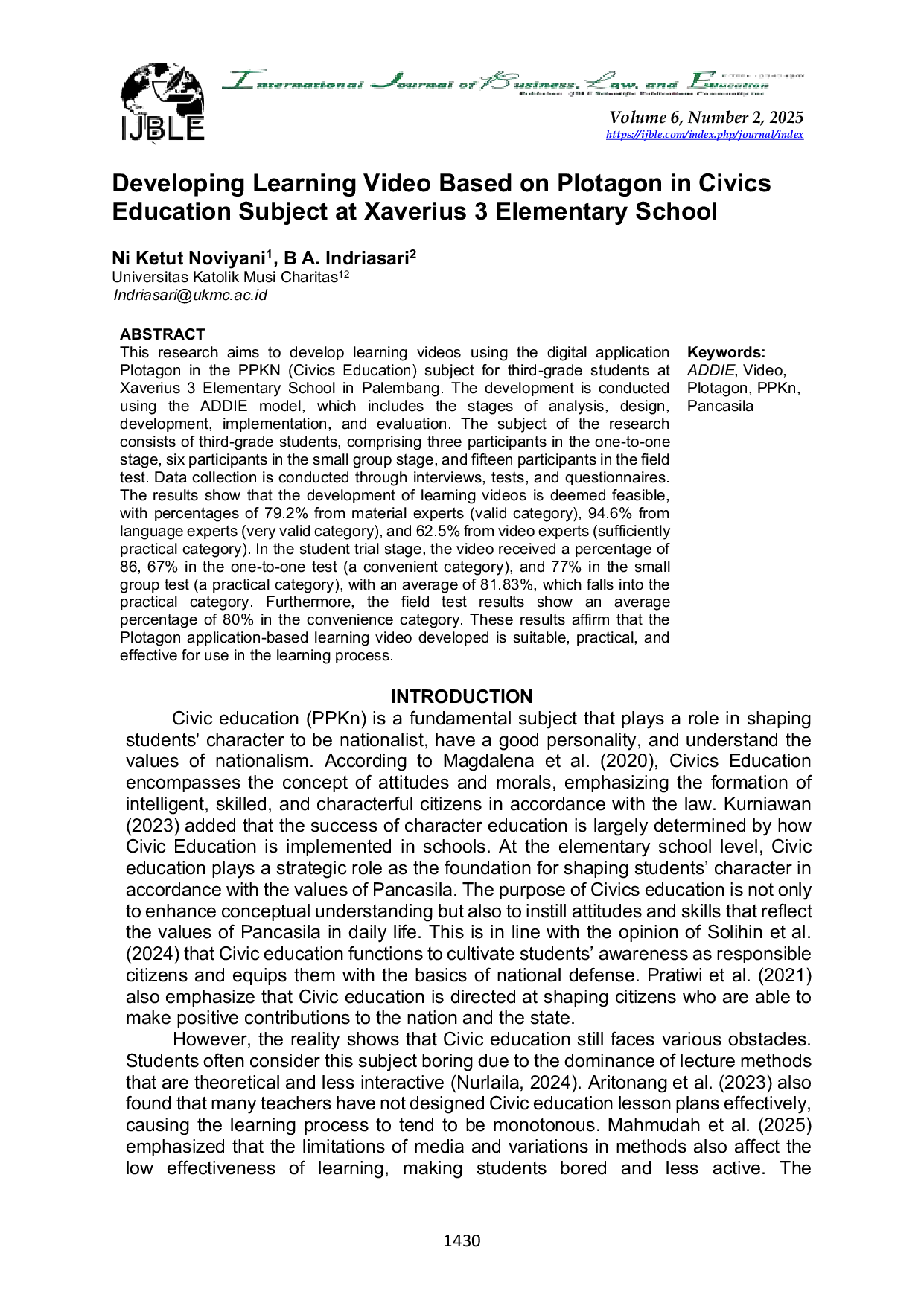 JURIS Developing Learning Video Based on Plotagon in Civics Education Subject at Xaverius 3 Elementary School