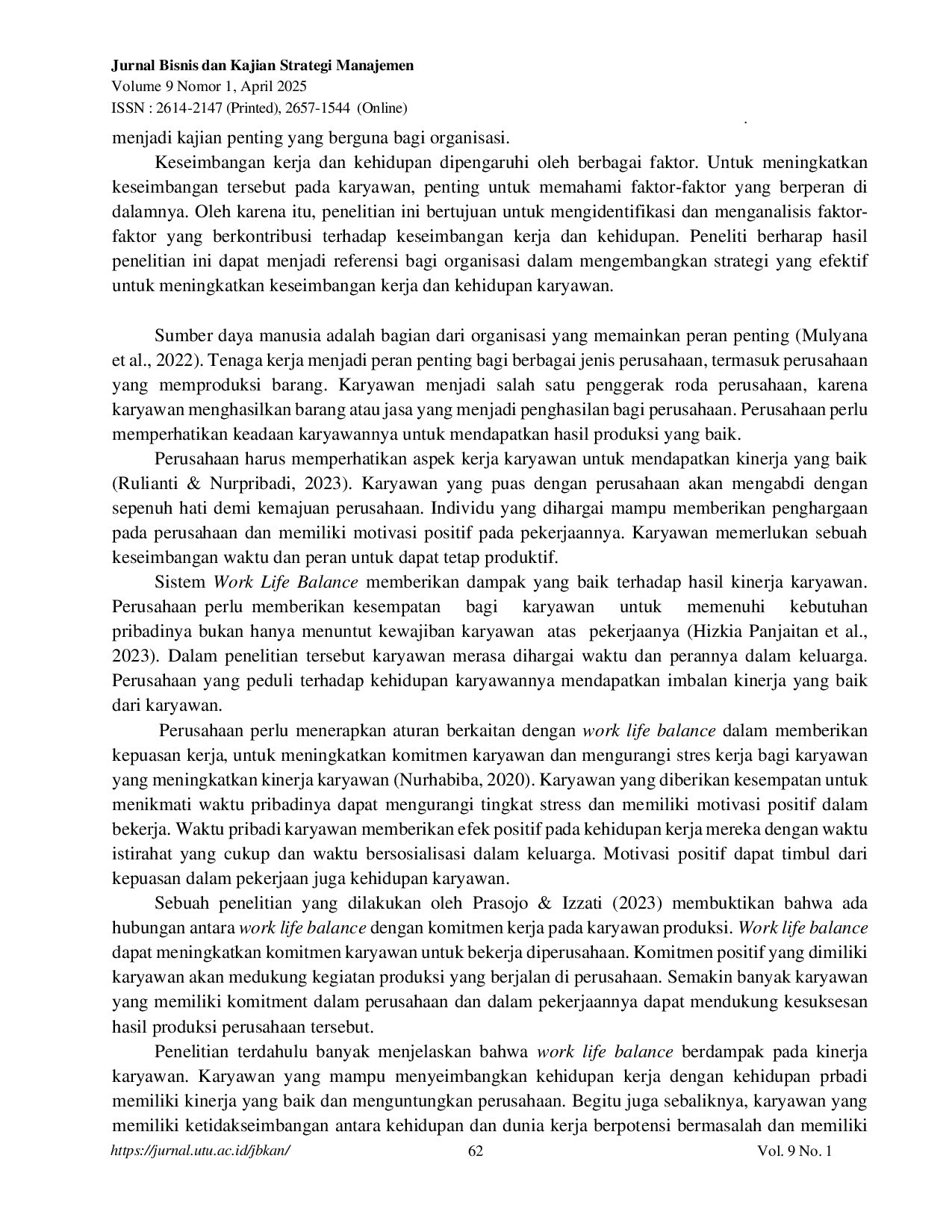 JURIS Studi Literatur Review Work Life Balance pada Karyawan Produksi
