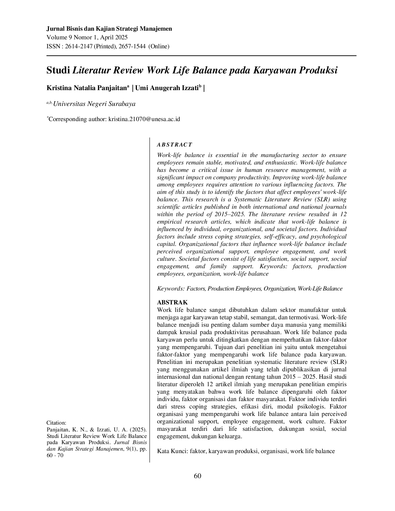 JURIS Studi Literatur Review Work Life Balance pada Karyawan Produksi
