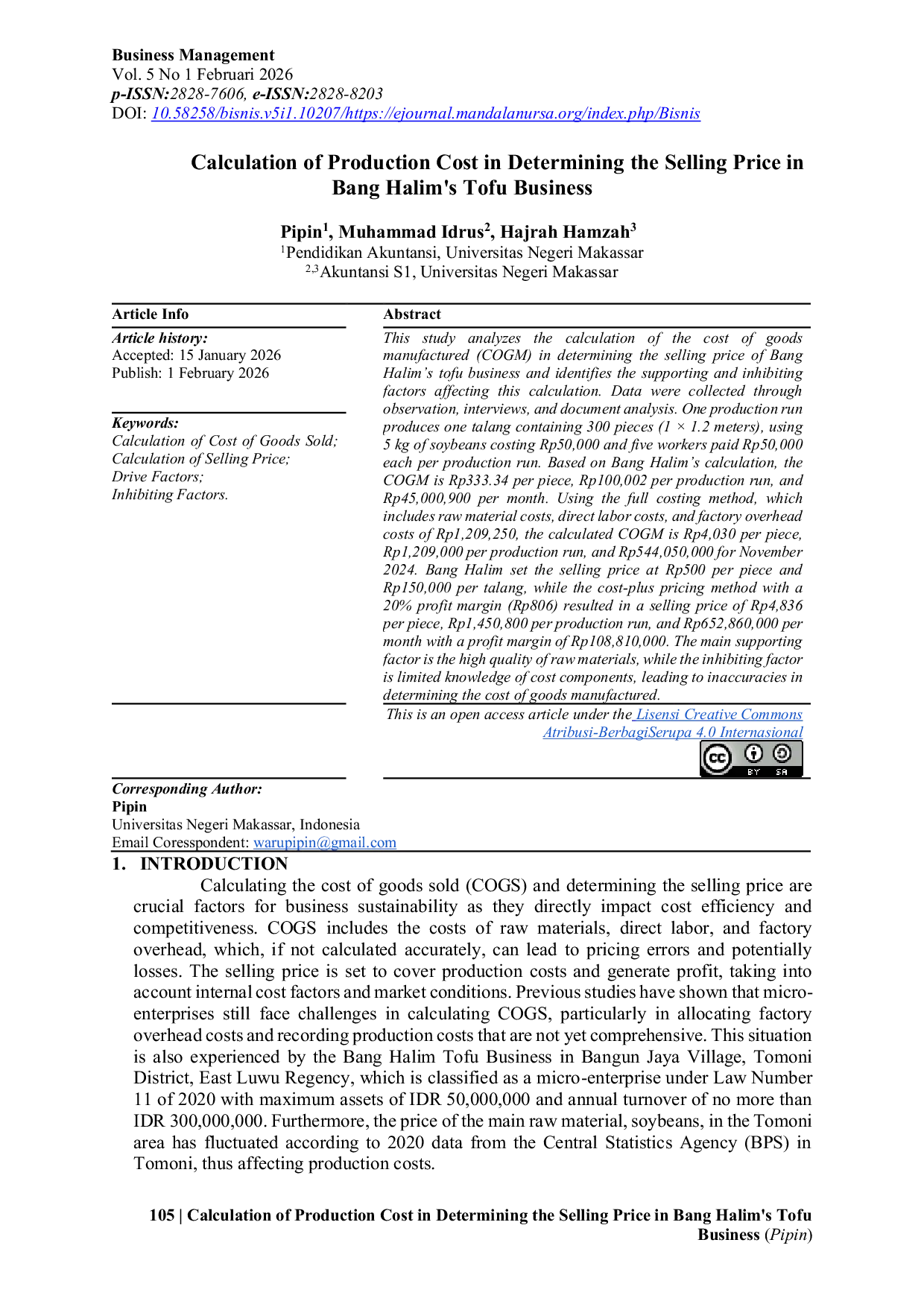 JURIS Perhitungan Biaya Produksi dalam Penentuan Harga Jual pada Usaha Tahu Bang Halim