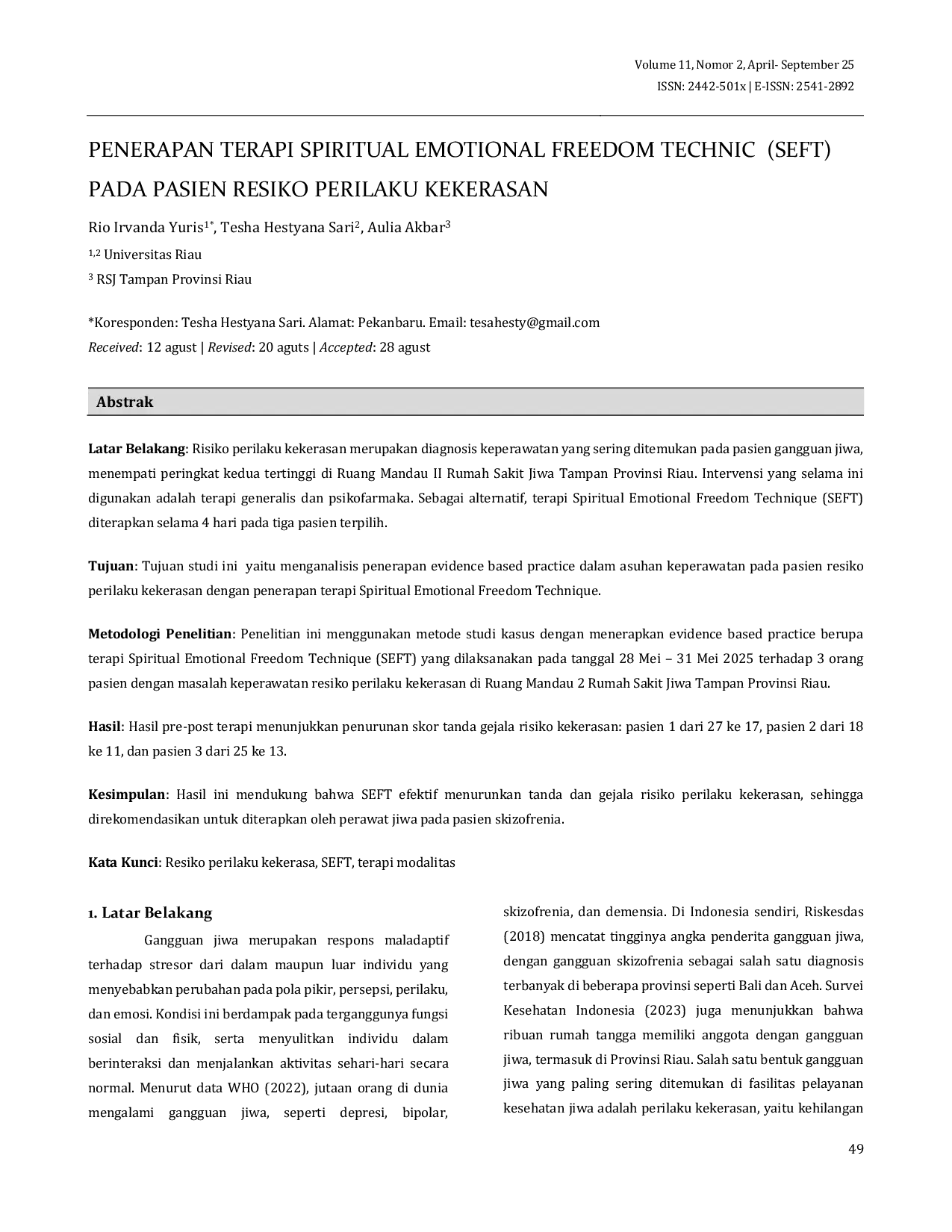 JURIS Penerapan Terapi Spiritual Emotional Freedom Technique SEFT pada Pasien Risiko Perilaku Kekerasan