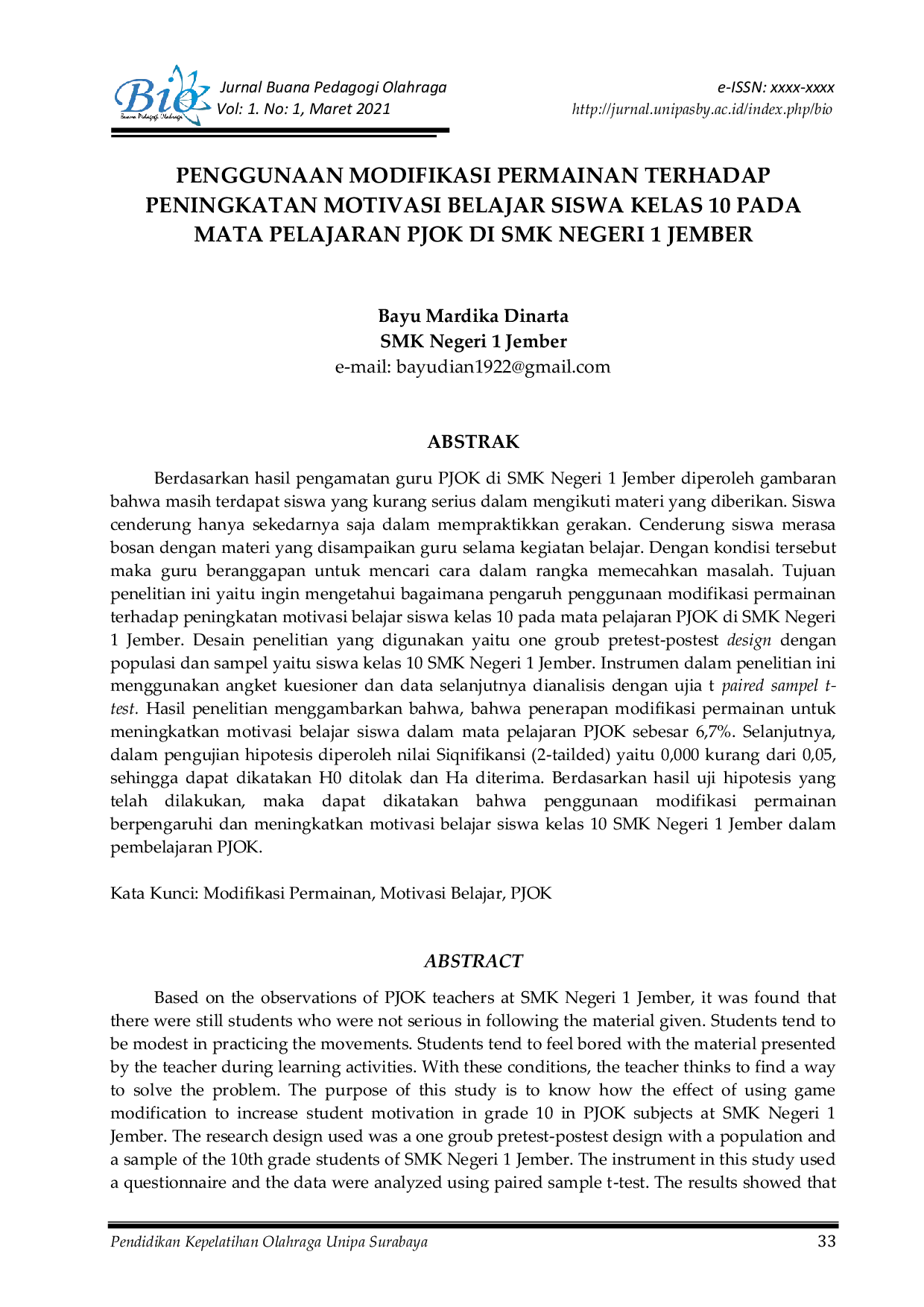 JURIS Penggunaan Modifikasi Permainan Terhadap Peningkatan Motivasi Belajar Siswa Kelas 10 Pada Mata Pelajaran PJOK di SMK Negeri 1 Jember