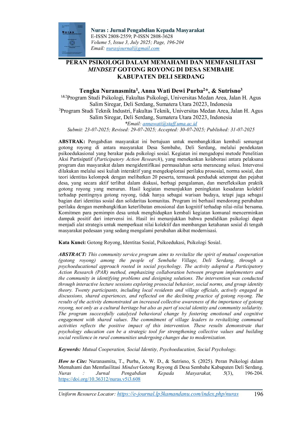 JURIS Peran Psikologi dalam Memahami dan Memfasilitasi Mindset Gotong Royong di Desa Sembahe Kabupaten Deli Serdang