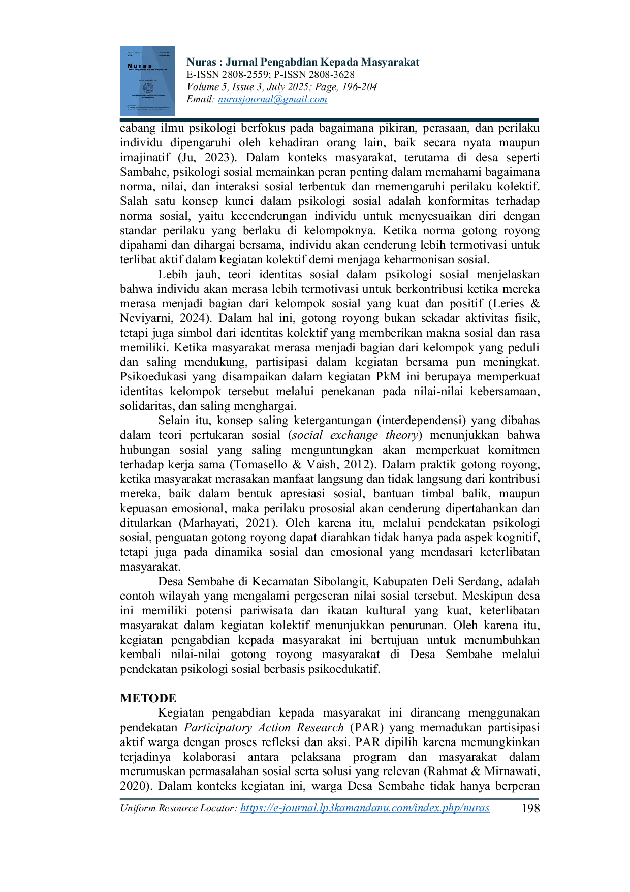 JURIS Peran Psikologi dalam Memahami dan Memfasilitasi Mindset Gotong Royong di Desa Sembahe Kabupaten Deli Serdang