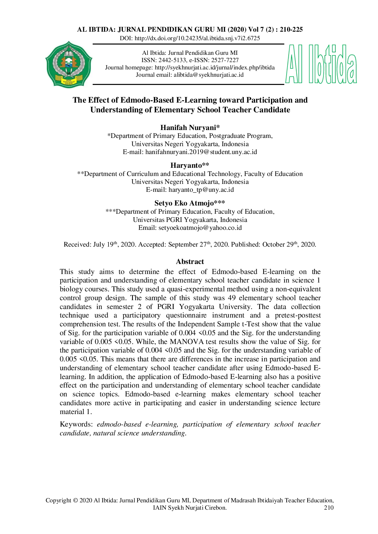 JURIS The Effect of Edmodo Based E Learning toward Participation and Understanding of Elementary School Teacher Candidate