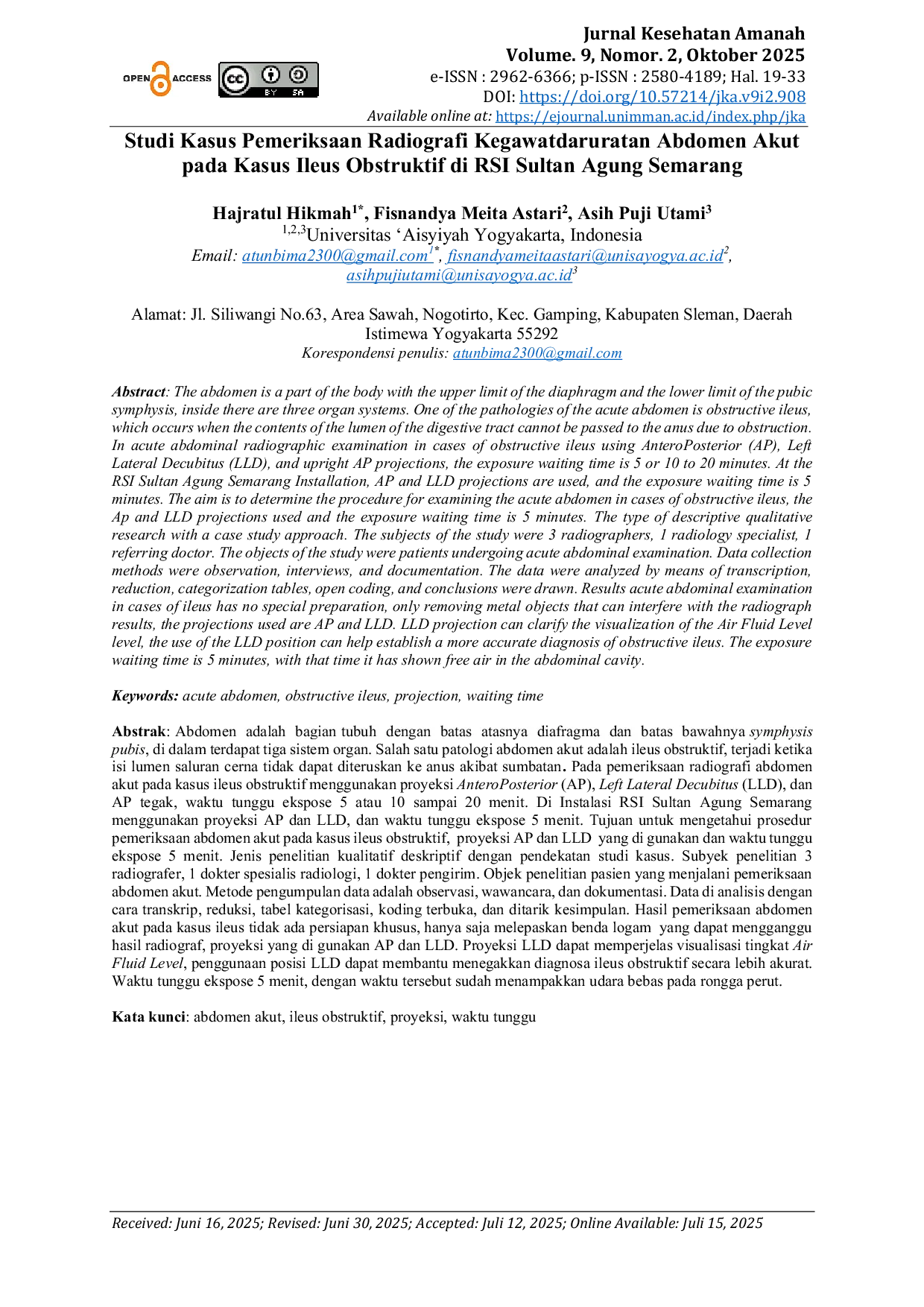 JURIS Studi Kasus Pemeriksaan Radiografi Kegawatdaruratan Abdomen Akut pada Kasus Ileus Obstruktif di RSI Sultan Agung Semarang