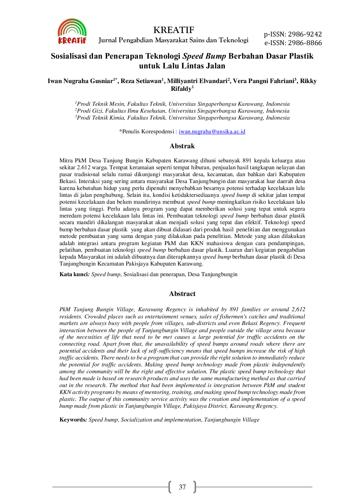 JURIS Sosialisasi dan Penerapan Teknologi Speed Bump Berbahan Dasar Plastik untuk Lalu Lintas Jalan