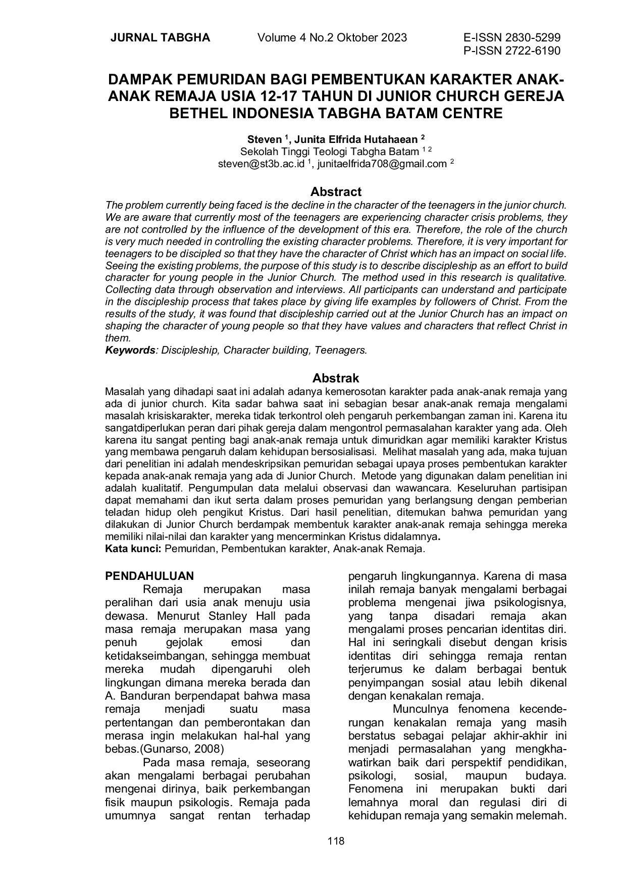 JURIS Dampak Pemuridan Bagi Pembentukan Karakter Anak Anak Remaja Usia 12 17 Tahun di Junior Church Gereja Bethel Indonesia Tabgha Batam Centre