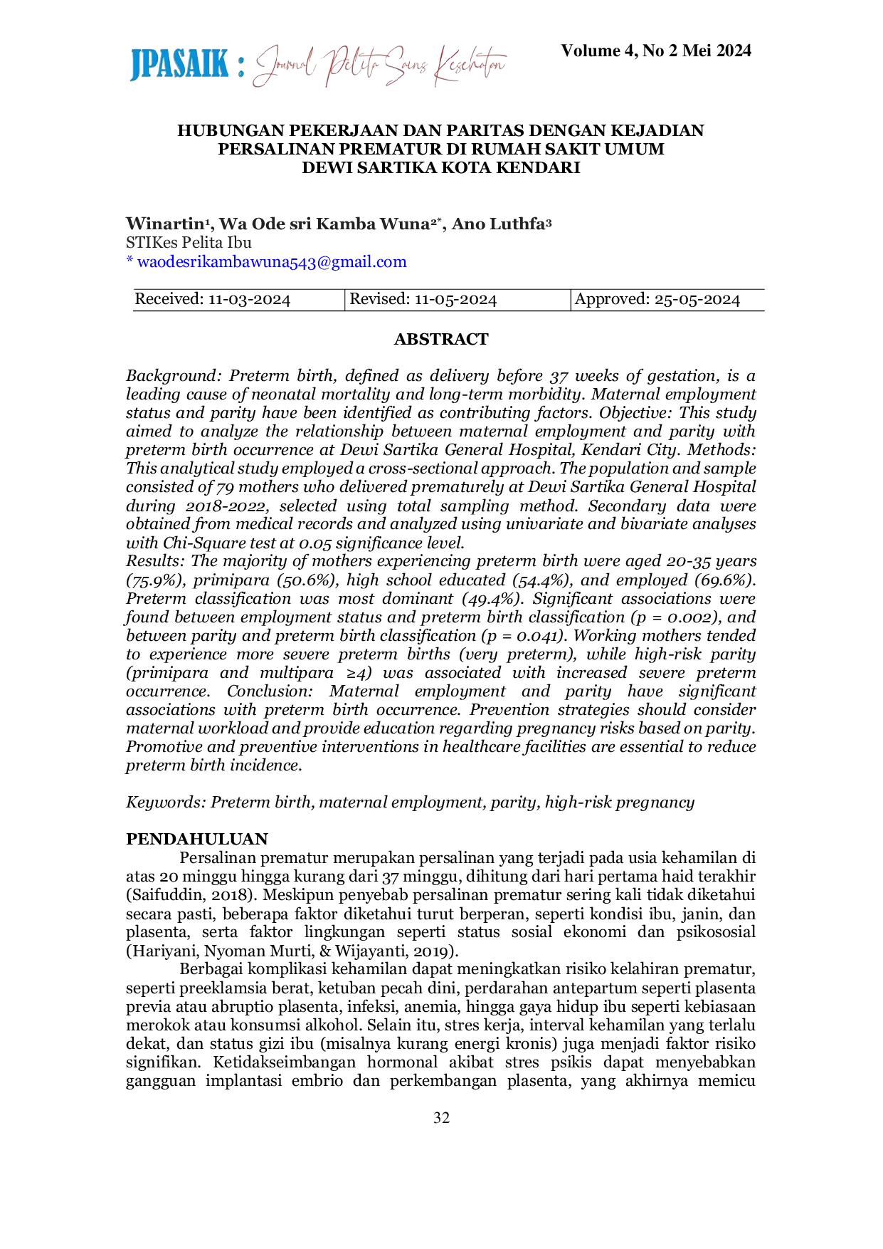 JURIS Hubungan Pekerjaan Dan Paritas Dengan Kejadian Persalinan Prematur Di Rumah Sakit Umum Dewi Sartika Kota Kendari