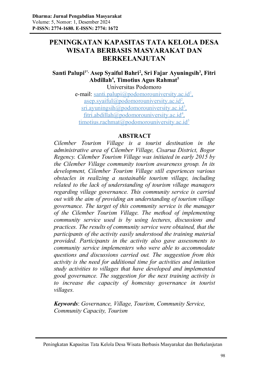 JURIS Peningkatan Kapasitas Tata Kelola Desa Wisata Berbasis Masyarakat dan Berkelanjutan