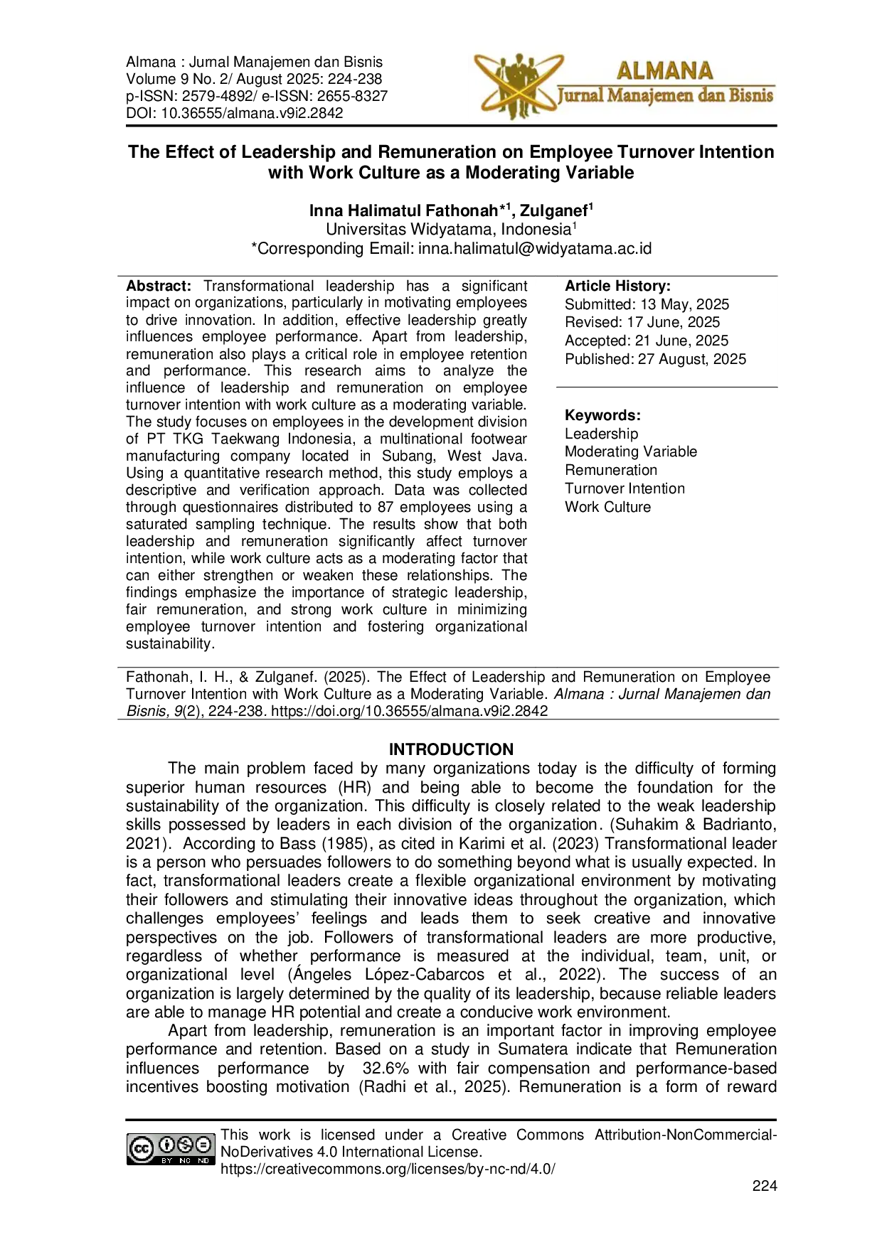 JURIS The Effect of Leadership and Remuneration on Employee Turnover Intention with Work Culture as a Moderating Variable