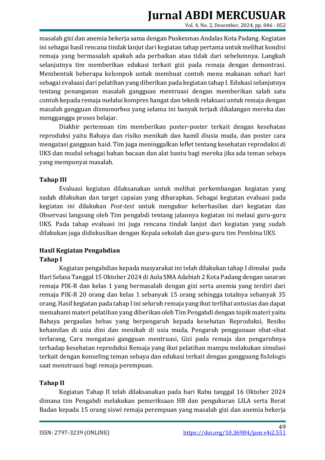 JURIS PEMBERDAYAAN PEREMPUAN MELALUI PELATIHAN KESEHATAN REPRODUKSI PADA REMAJA PUTRI SMA ADABIAH 2 KOTA PADANG