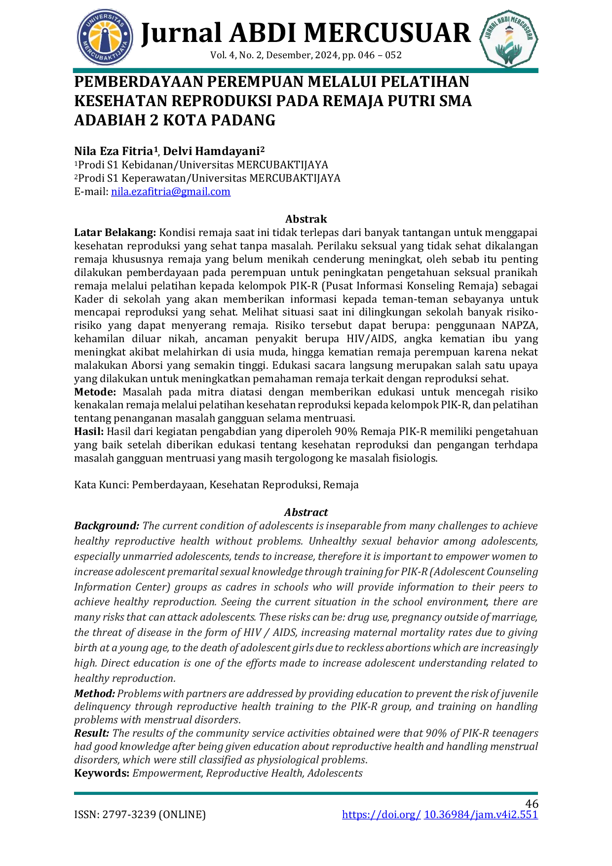 JURIS PEMBERDAYAAN PEREMPUAN MELALUI PELATIHAN KESEHATAN REPRODUKSI PADA REMAJA PUTRI SMA ADABIAH 2 KOTA PADANG