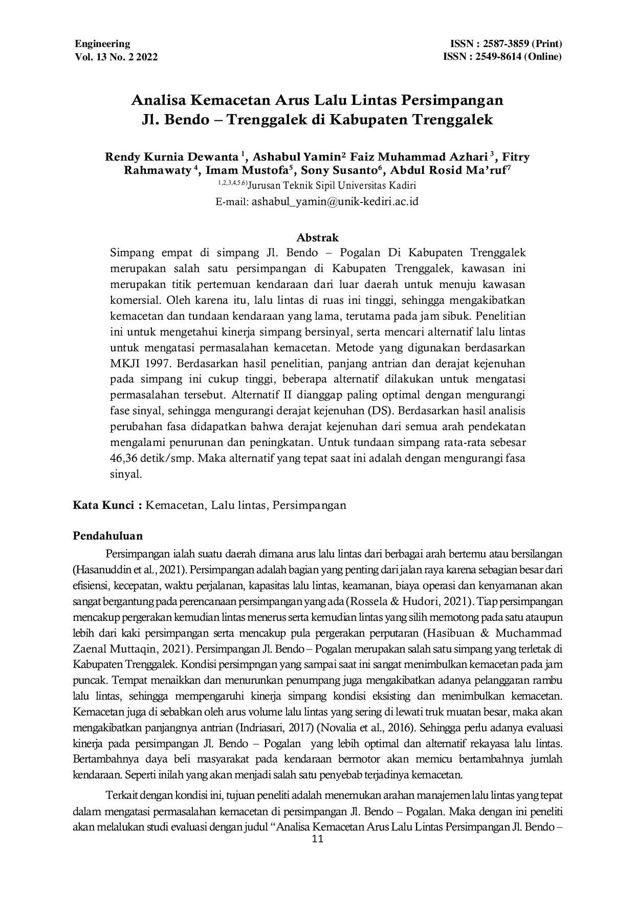 JURIS Analisa Kemacetan Arus Lalu Lintas Persimpangan Jl Bendo Trenggalek di Kabupaten Trenggalek