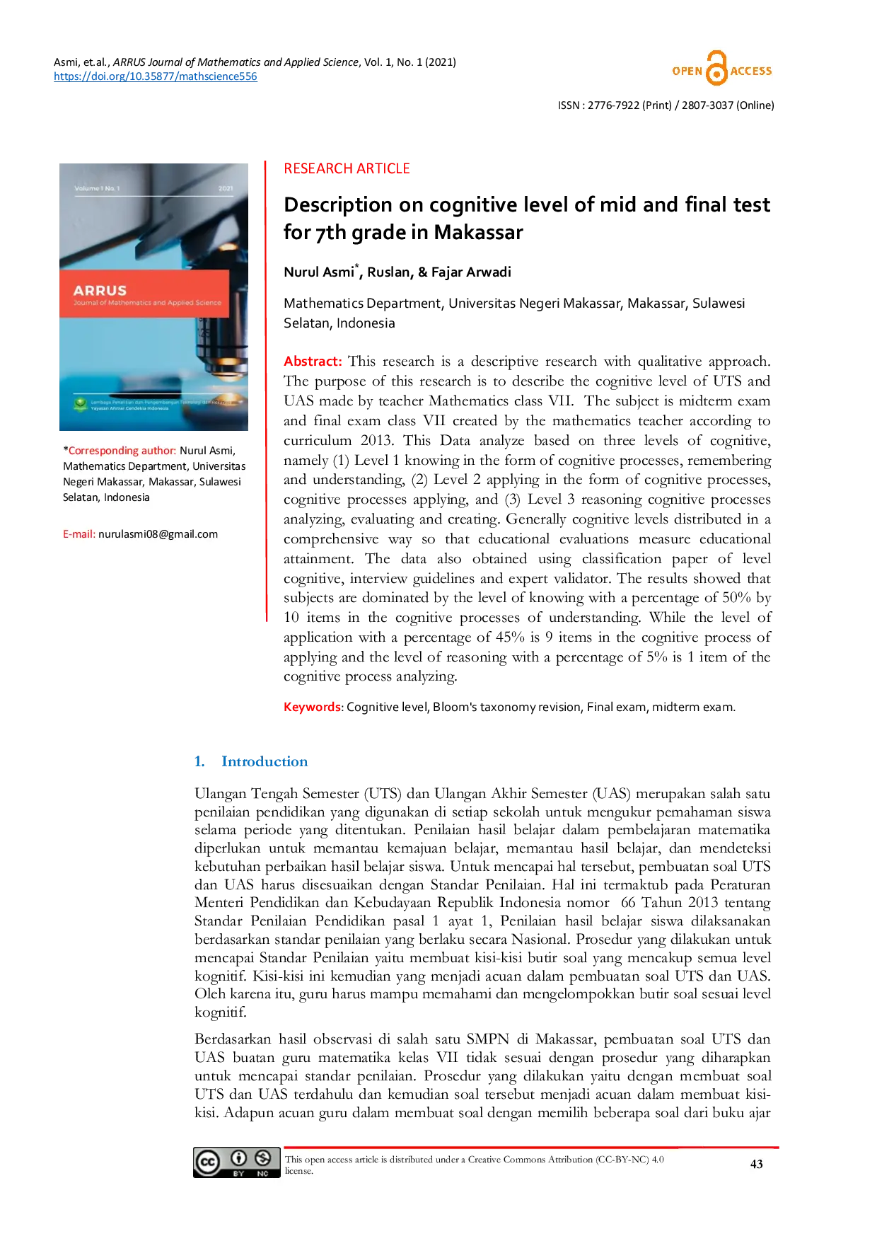 JURIS Description on cognitive level of mid and final test for 7th grade in Makassar