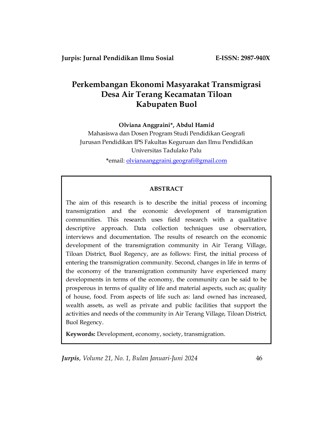 JURIS Perkembangan Ekonomi Masyarakat Transmigrasi Desa Air Terang Kecamatan Tiloan Kabupaten Buol