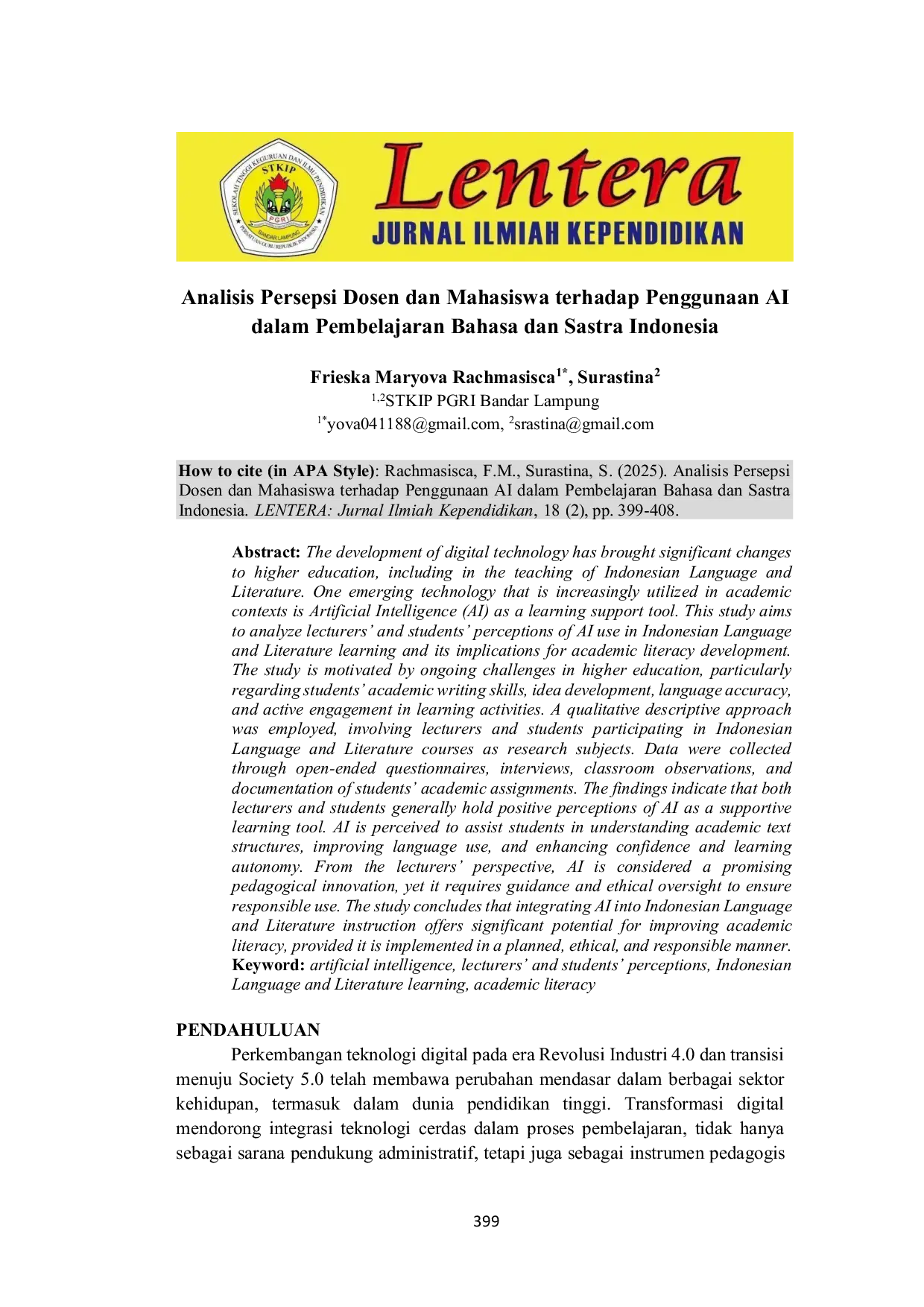 JURIS Analisis Persepsi Dosen dan Mahasiswa terhadap Penggunaan AI dalam Pembelajaran Bahasa dan Sastra Indonesia