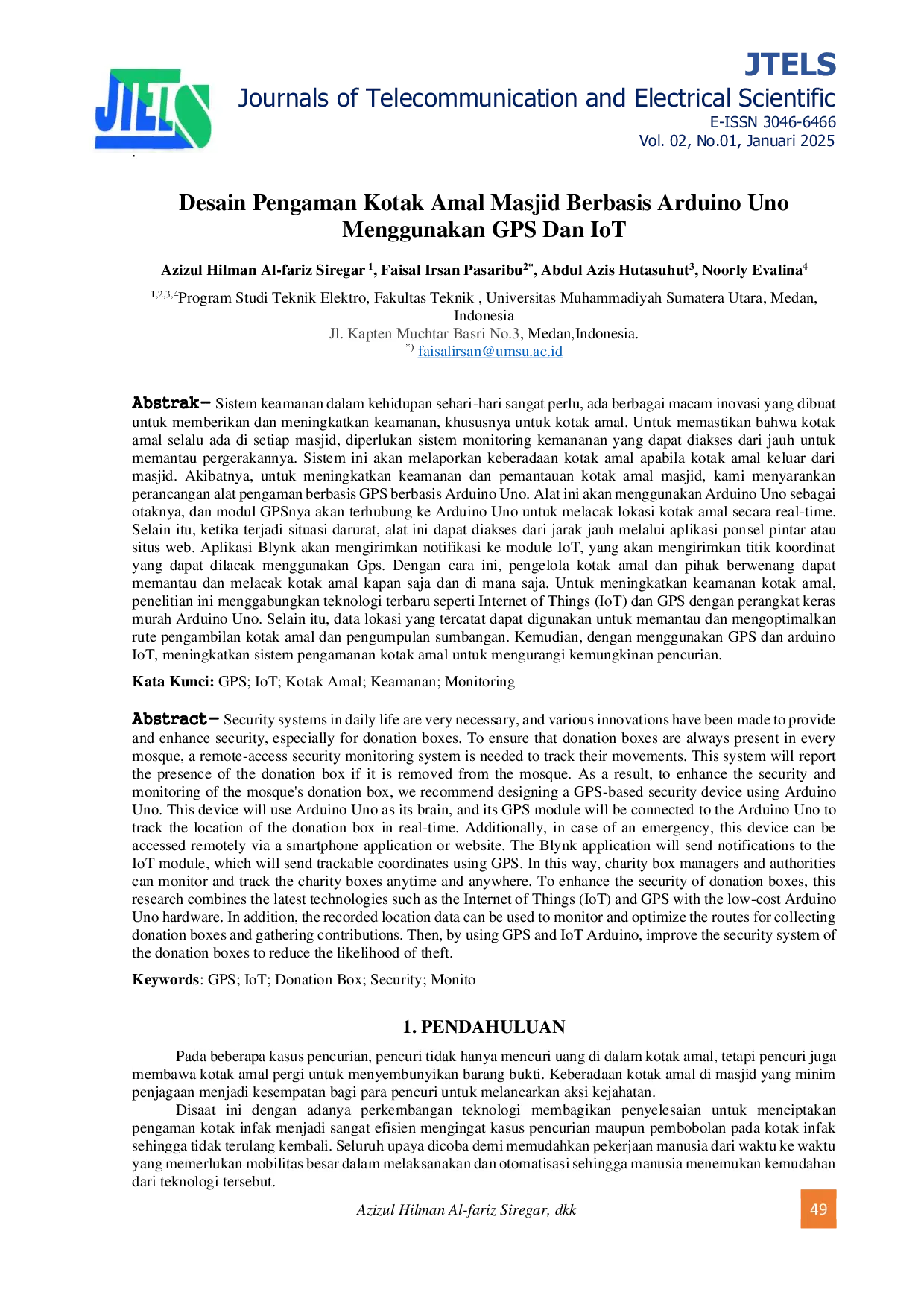 JURIS Desain Pengaman Kotak Amal Masjid Berbasis Arduino Uno Menggunakan GPS Dan IoT