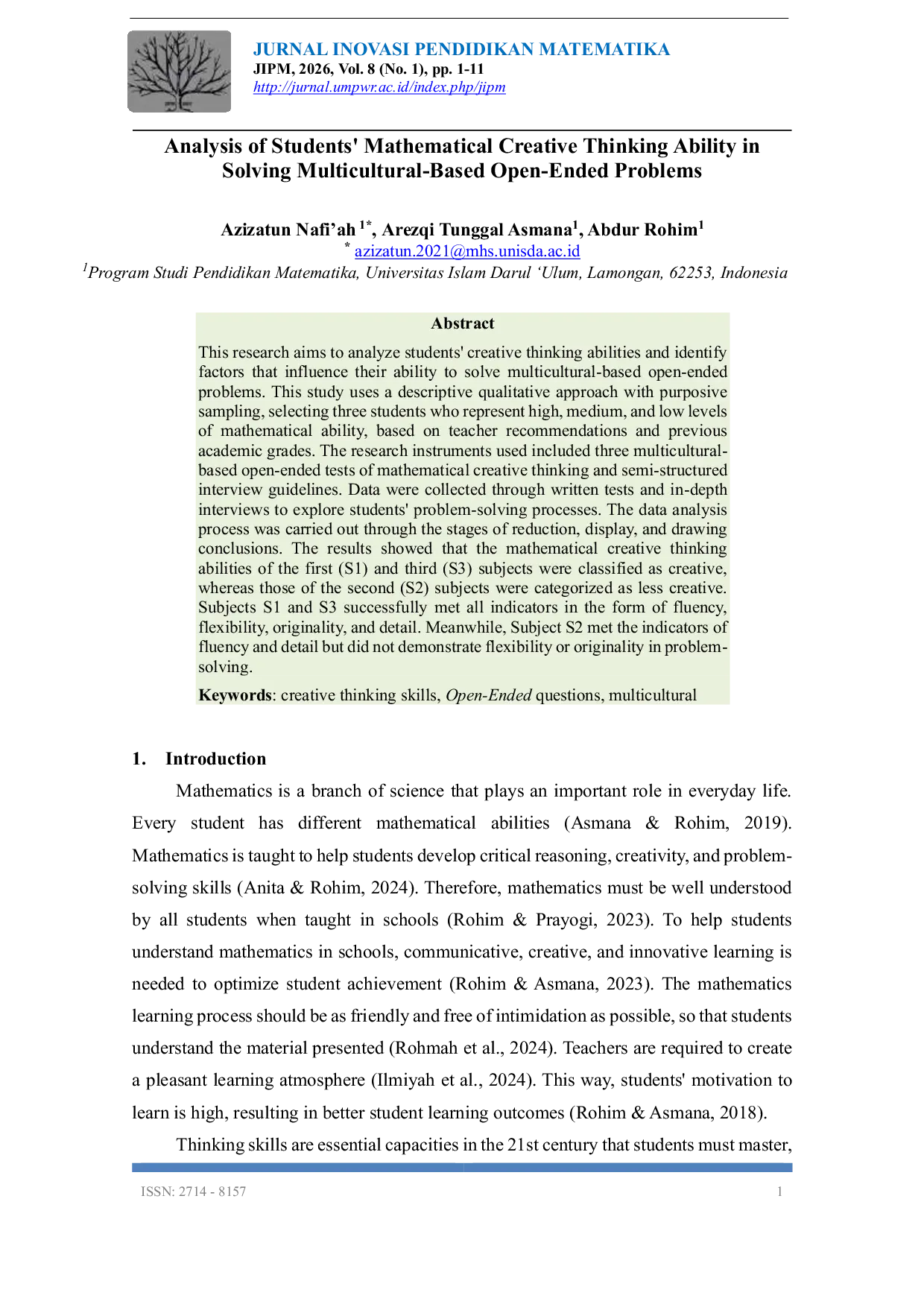 JURIS Analysis of Students Mathematical Creative Thinking Ability in Solving Multicultural Based Open Ended Problems