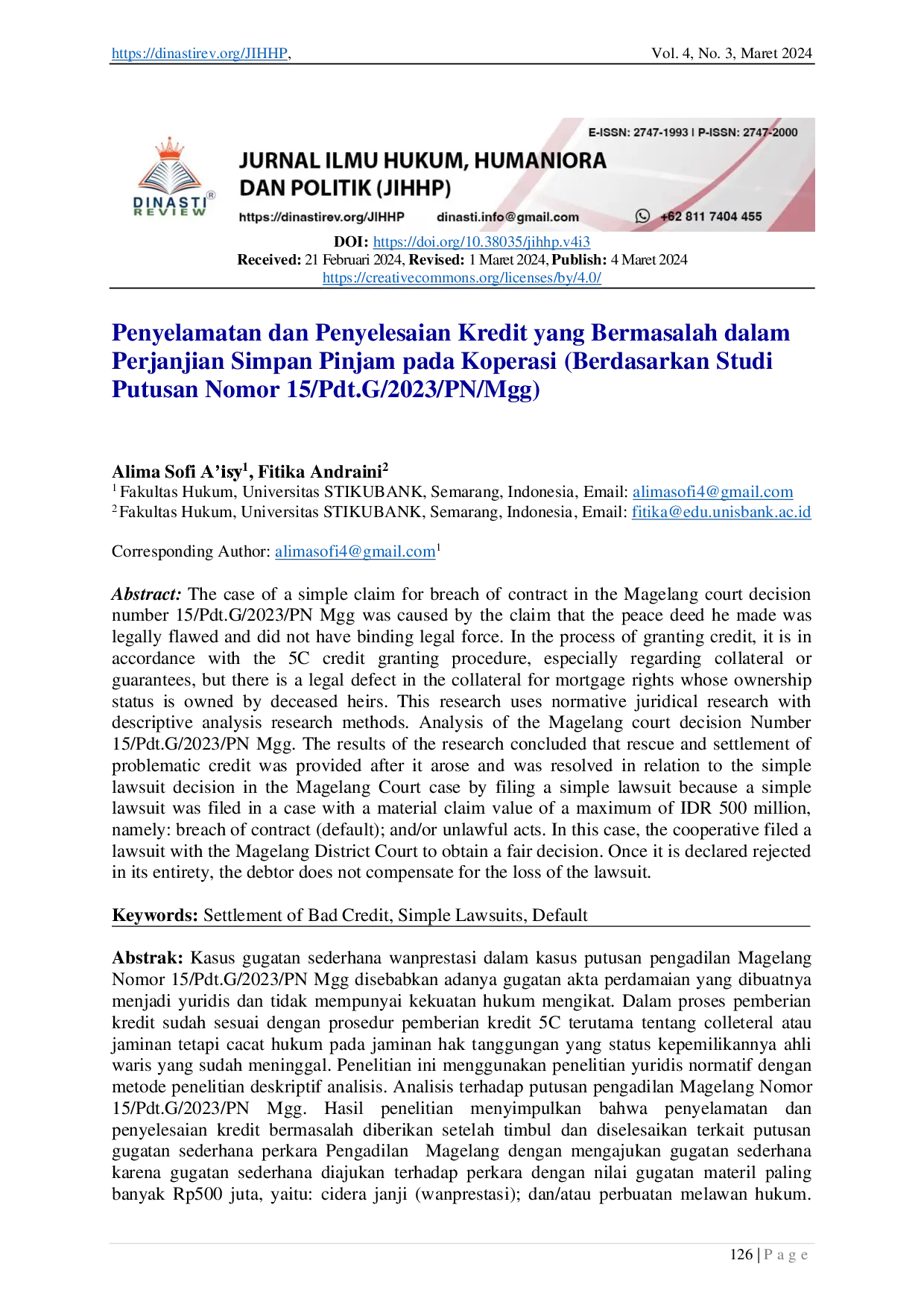 juris Penyelamatan dan Penyelesaian Kredit yang Bermasalah dalam Perjanjian Simpan Pinjam pada Koperasi Berdasarkan Studi Putusan Nomor 15 Pdt G 2023 Pn Mgg