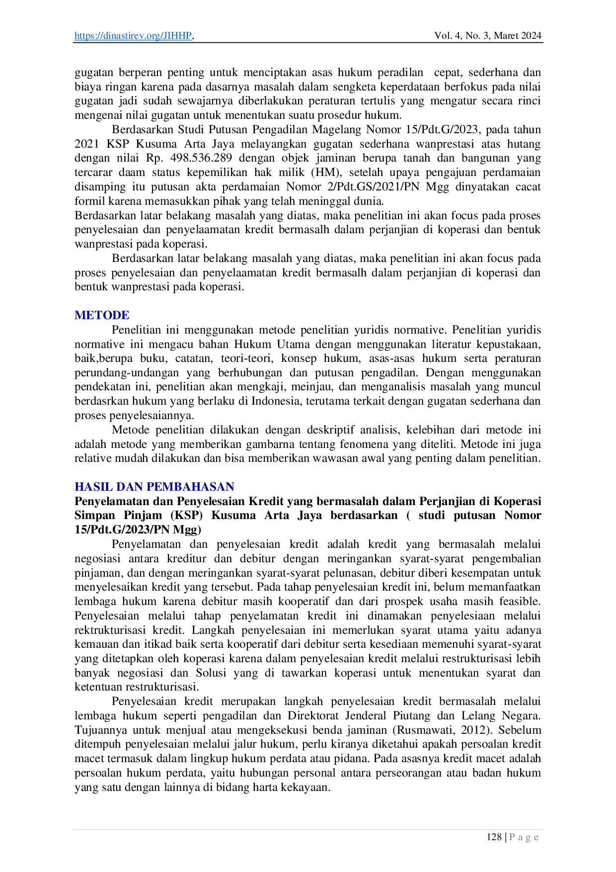 juris Penyelamatan dan Penyelesaian Kredit yang Bermasalah dalam Perjanjian Simpan Pinjam pada Koperasi Berdasarkan Studi Putusan Nomor 15 Pdt G 2023 Pn Mgg