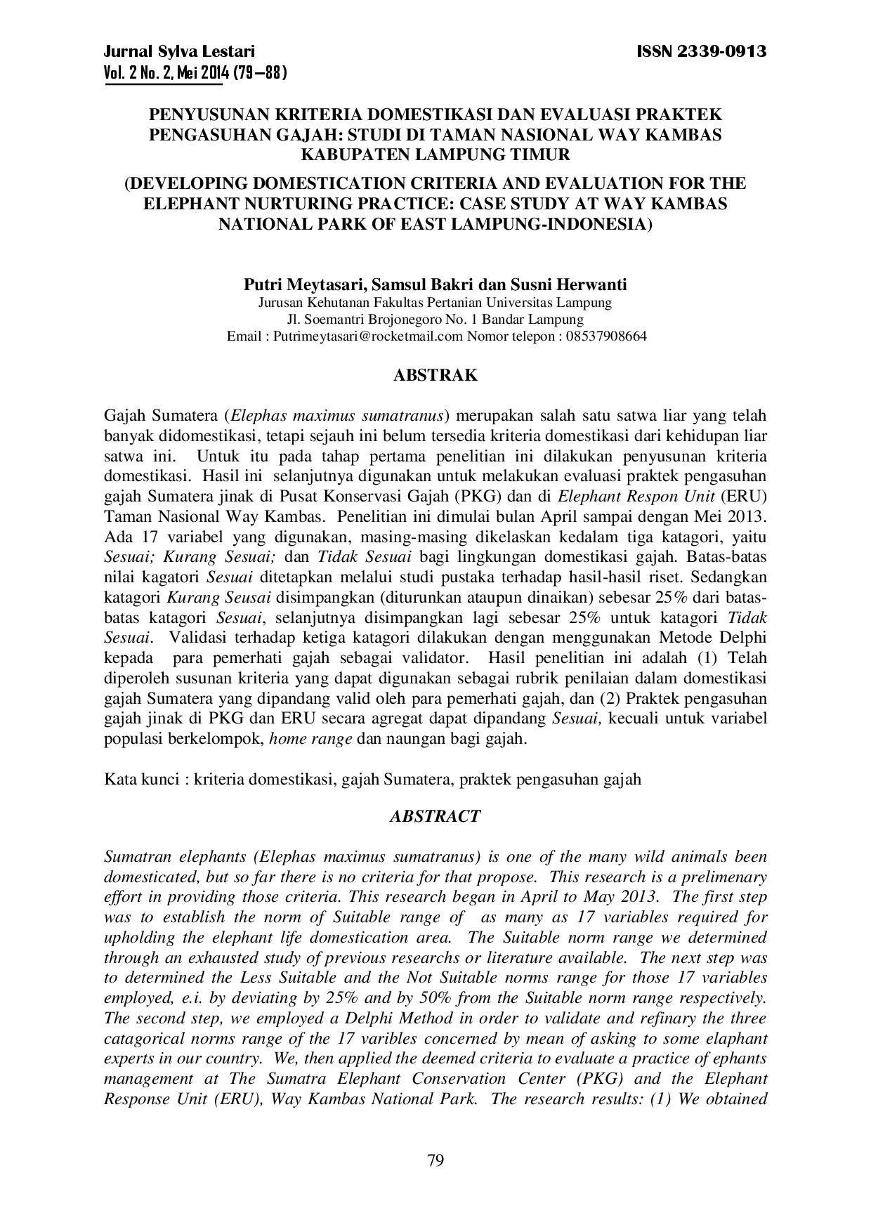 juris Penyusunan Kriteria Domestikasi Dan Evaluasi Praktek Pengasuhan Gajah Studi Di Taman Nasional Way Kambas Kabupaten Lampung Timur