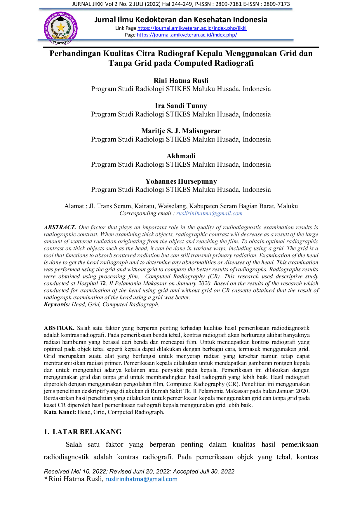 JURIS Perbandingan Kualitas Citra Radiograf Kepala Menggunakan Grid dan Tanpa Grid pada Computed Radiografi