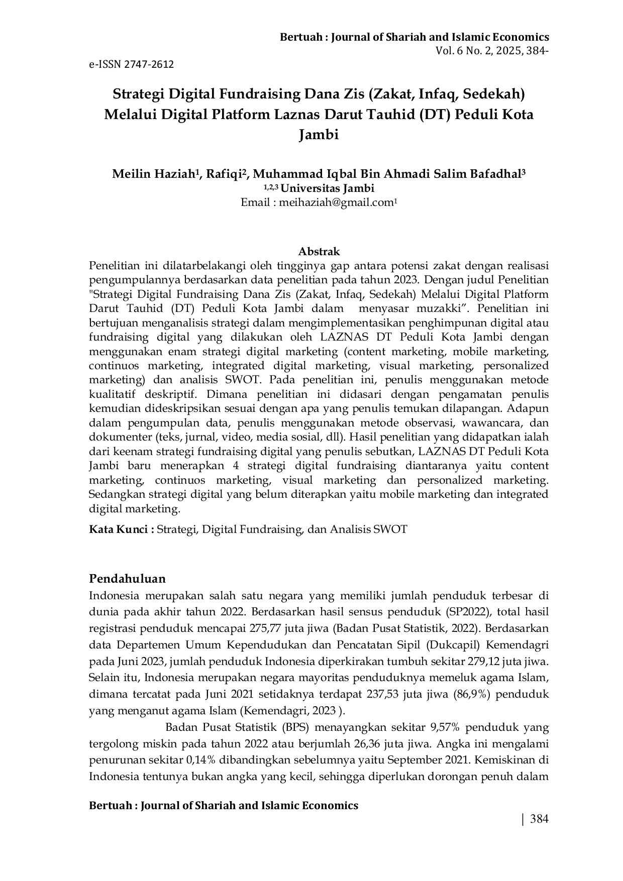 JURIS Strategi Digital Fundraising Dana Zis Zakat Infaq Sedekah Melalui Digital Platform Laznas Darut Tauhid DT Peduli Kota Jambi