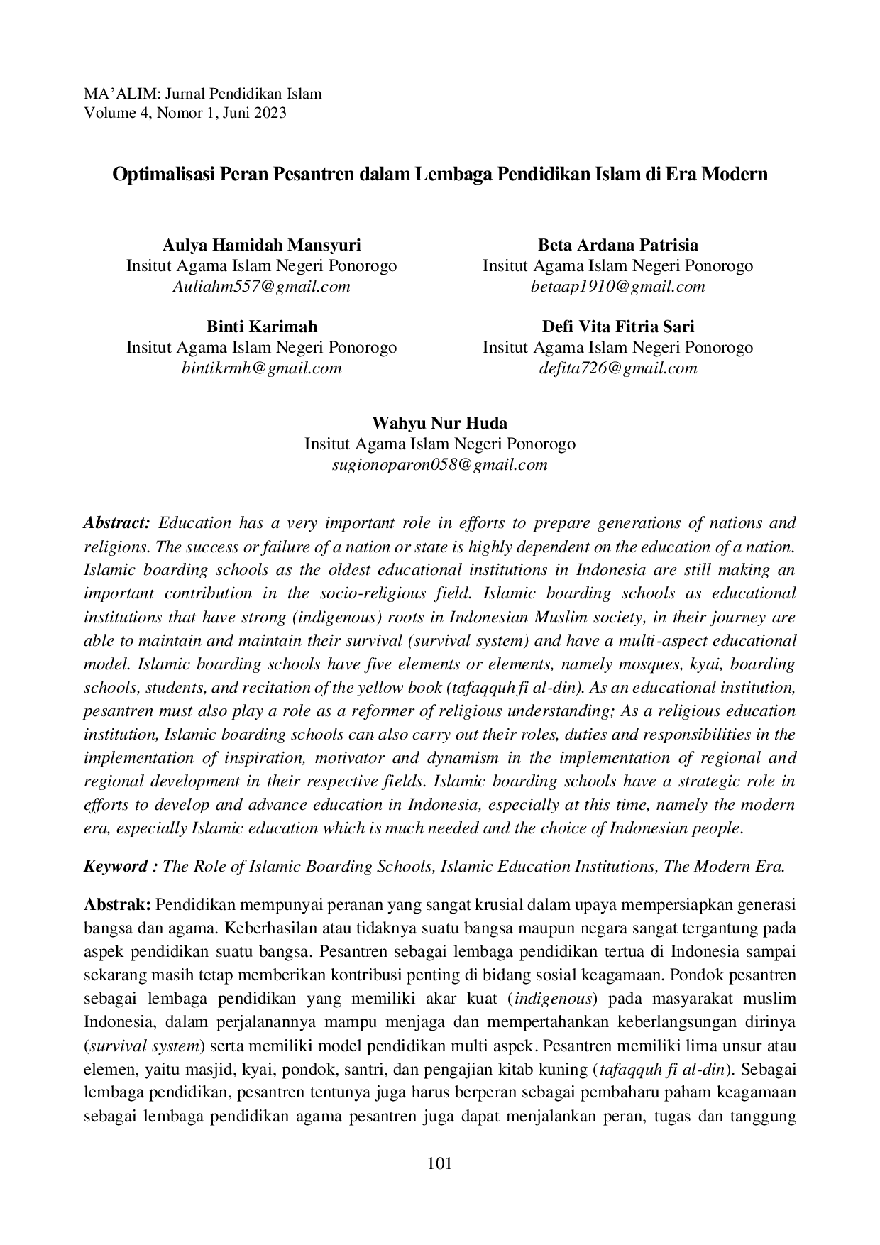 JURIS Optimalisasi Peran Pesantren dalam Lembaga Pendidikan Islam di Era Modern