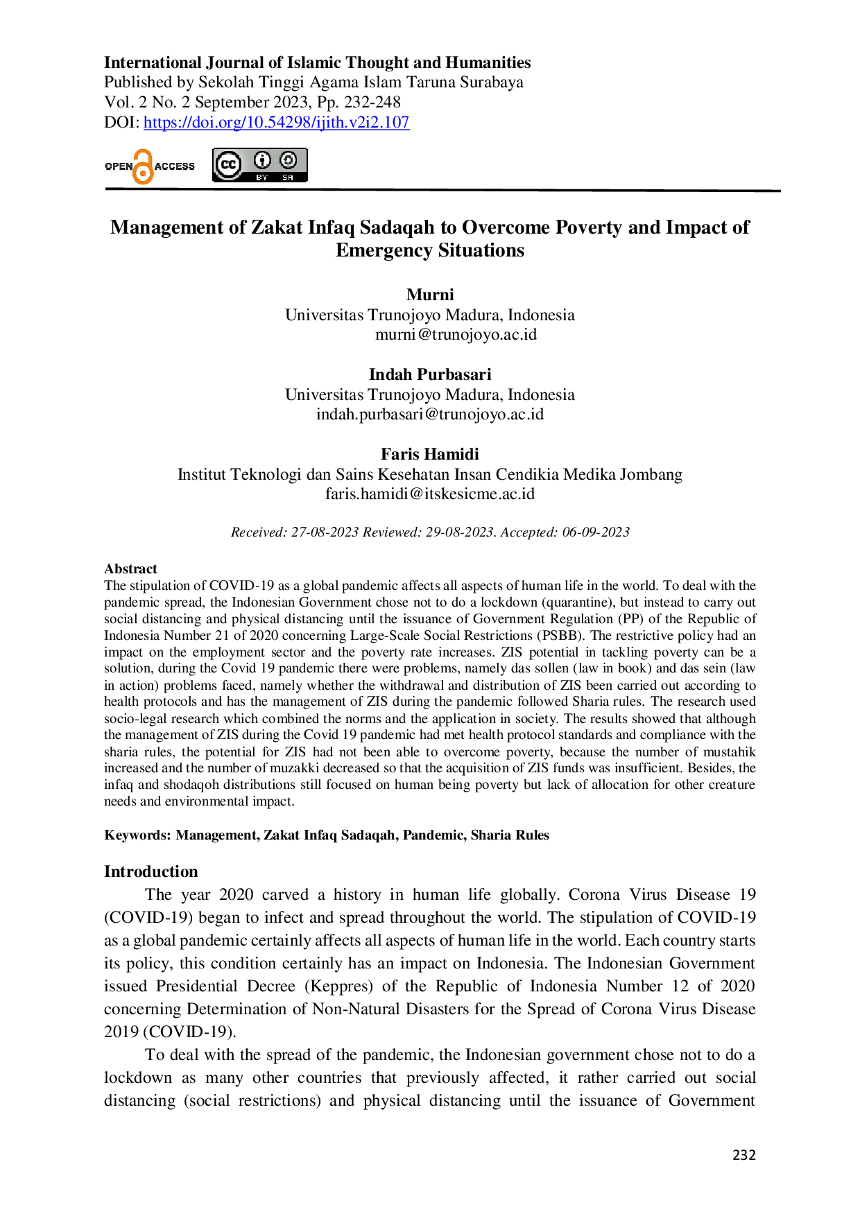 JURIS Management of Zakat Infaq Sadaqah to Overcome Poverty and The Impact of Emergency Situations