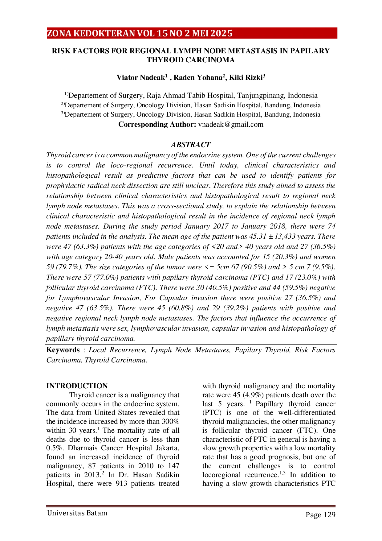 JURIS Faktor Risiko Metastasis Kelenjar Getah Bening Regional pada Karsinoma Tiroid Papiler