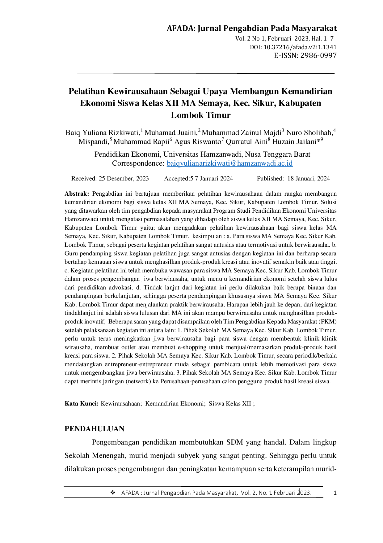 JURIS Pelatihan Kewirausahaan Sebagai Upaya Membangun Kemandirian Ekonomi Siswa Kelas XII MA Semaya Kec Sikur Kabupaten Lombok Timur