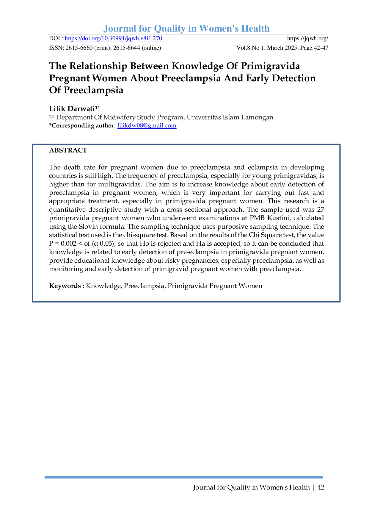 JURIS The Relationship Between Knowledge Of Primigravida Pregnant Women About Preeclampsia And Early Detection Of Preeclampsia