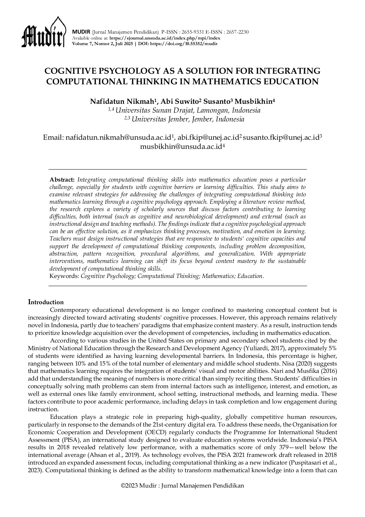 JURIS Cognitive Psychology as A Solution for Integrating Computational Thinking in Mathematics Education