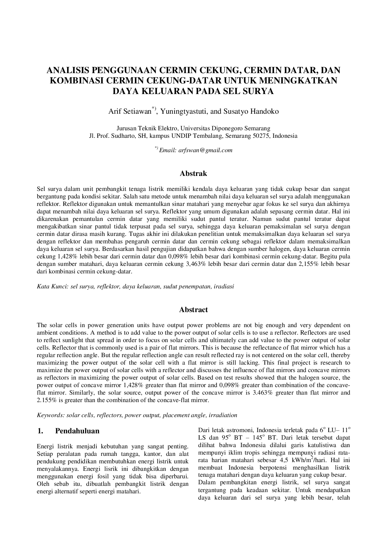 JURIS Analisis Penggunaan Cermin Cekung Cermin Datar dan Kombinasi Cermin Cekung Datar untuk Meningkatkan Daya Keluaran pada Sel Surya