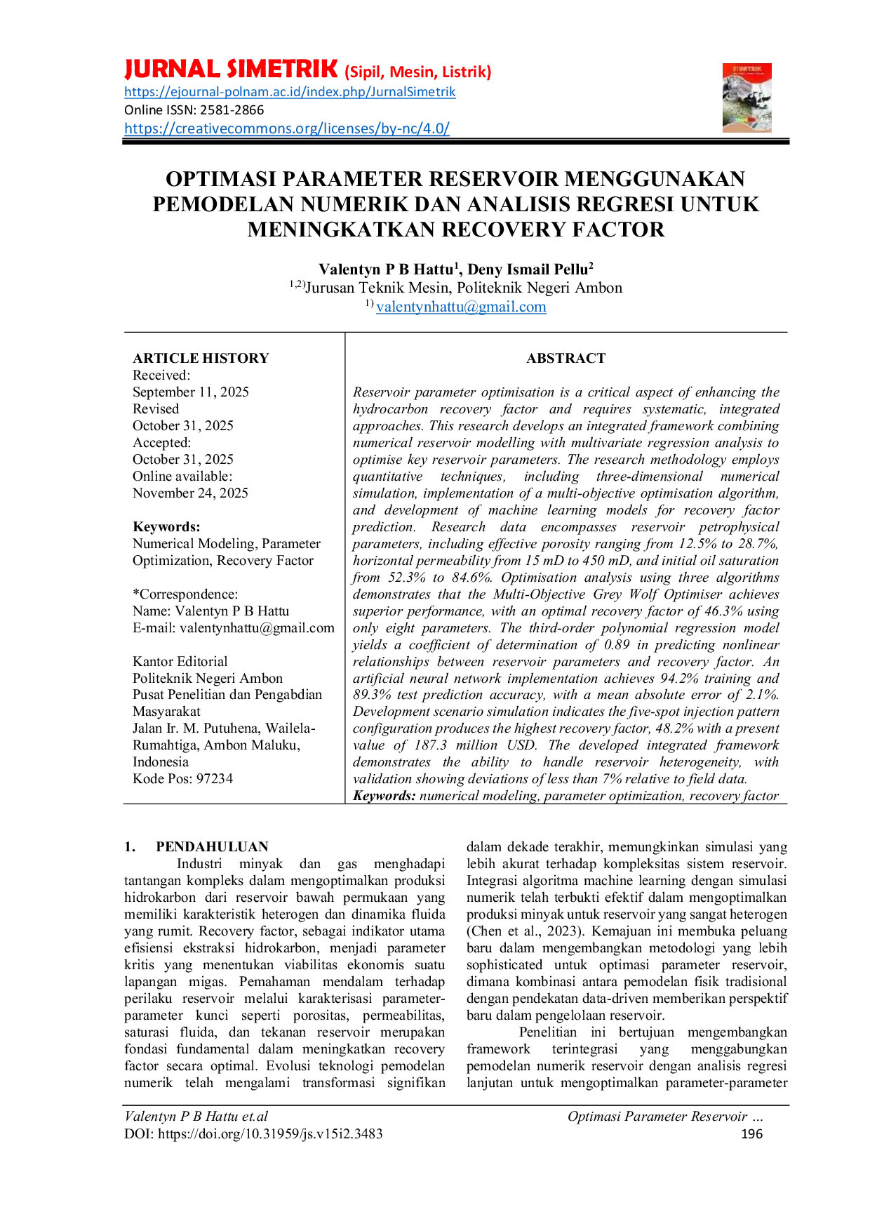 JURIS Optimasi Parameter Reservoir Menggunakan Pemodelan Numerik Dan Analisis Regresi Untuk Meningkatkan Recovery Factor