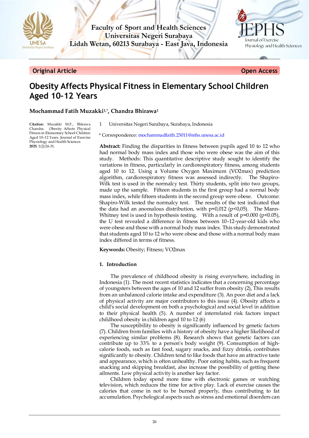 JURIS Obesity Affects Physical Fitness in Elementary School Children Aged 10 12 Years