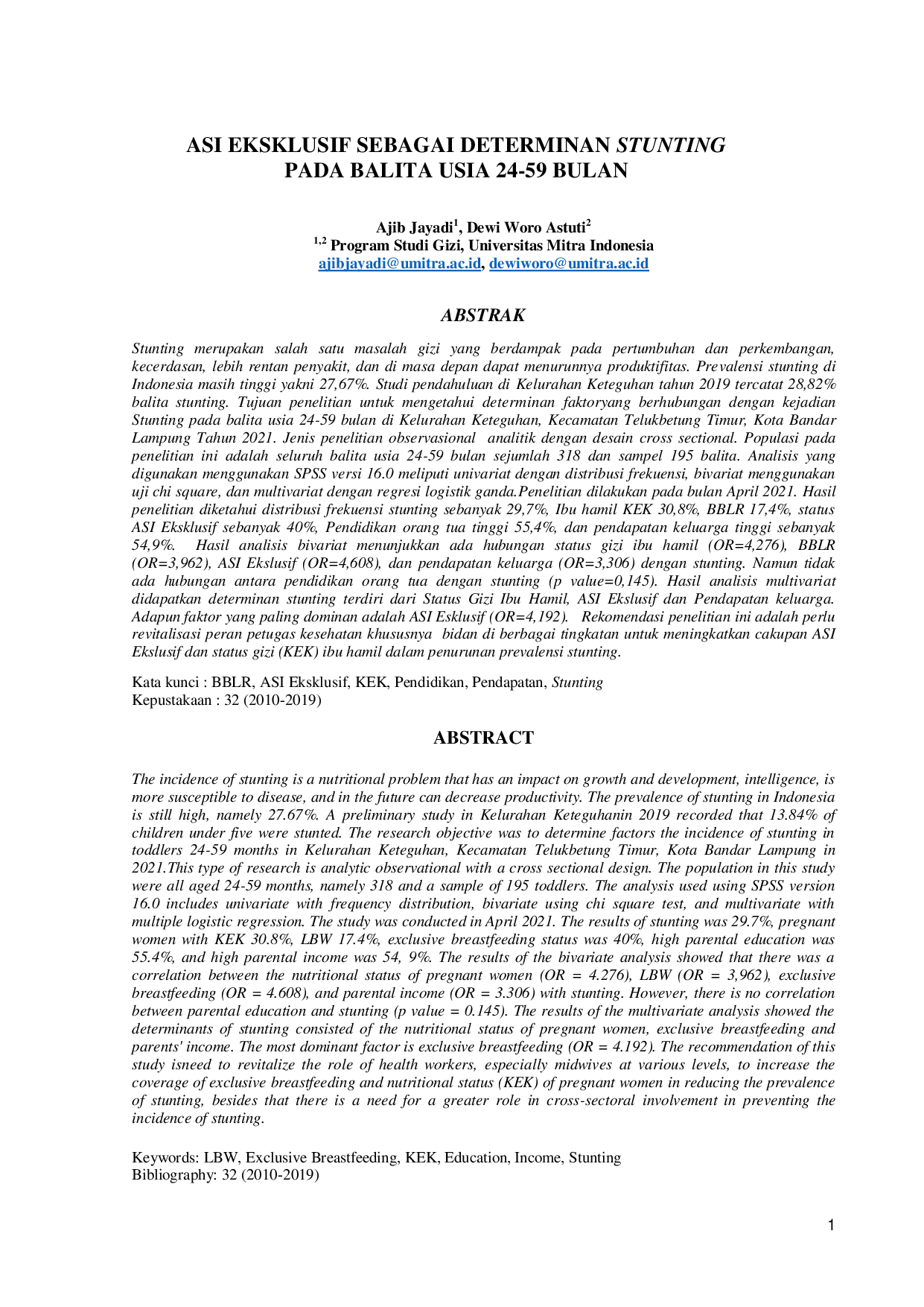 JURIS ASI Eksklusif Sebagai Determinan Stunting Pada Balita Usia 24 59 Bulan