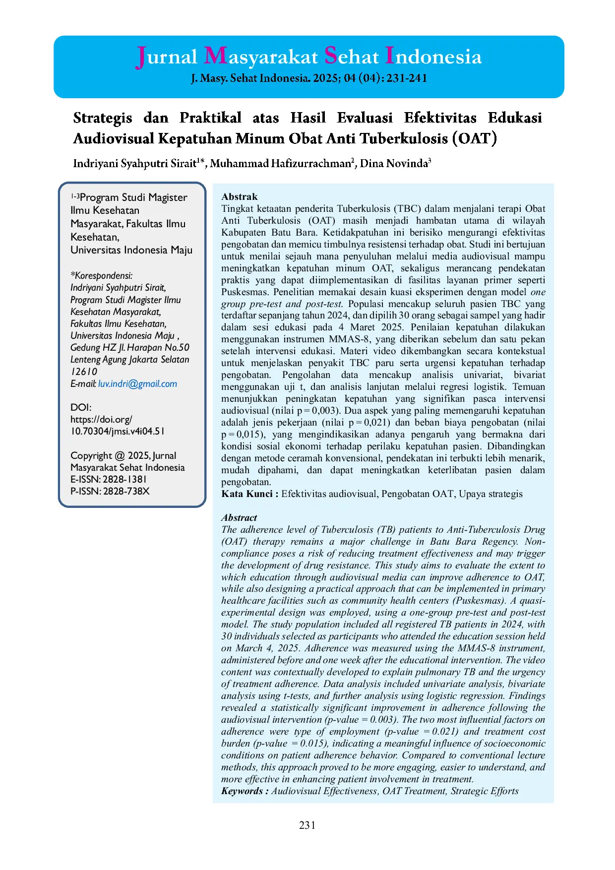 JURIS Strategis Dan Praktikal Atas Hasil Evaluasi Efektivitas Edukasi Audiovisual Kepatuhan Minum Obat Anti Tuberkulosis OAT