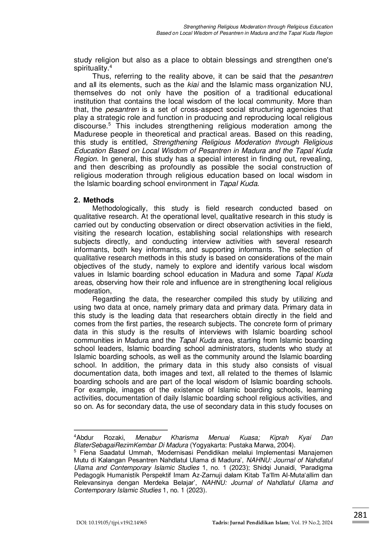 JURIS Strengthening Religious Moderation through Religious Education Based on Local Wisdom of Pesantren in Madura and the Tapal Kuda Region